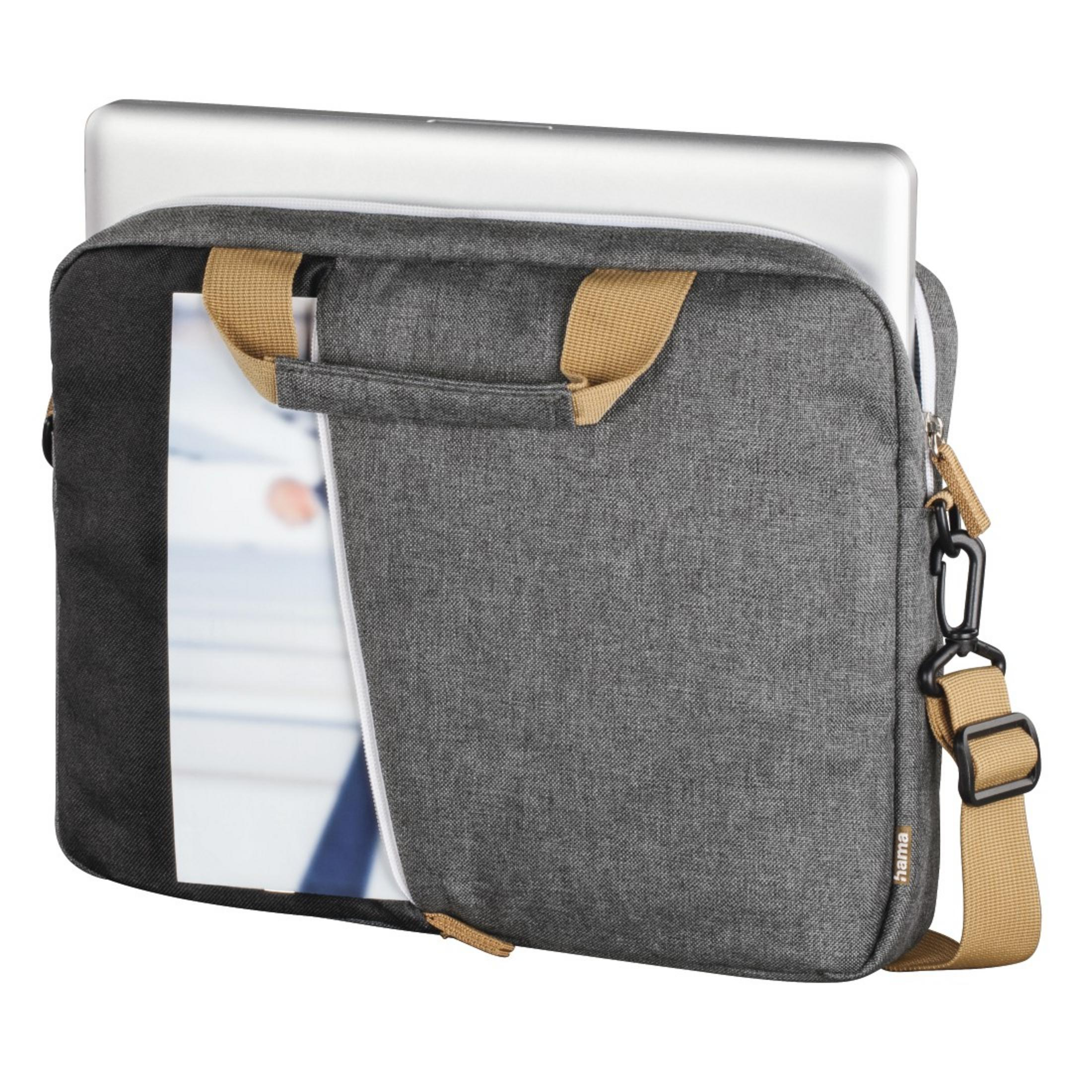 Graue Laptoptasche mit Laptop und Papieren, mit beigem Griff.