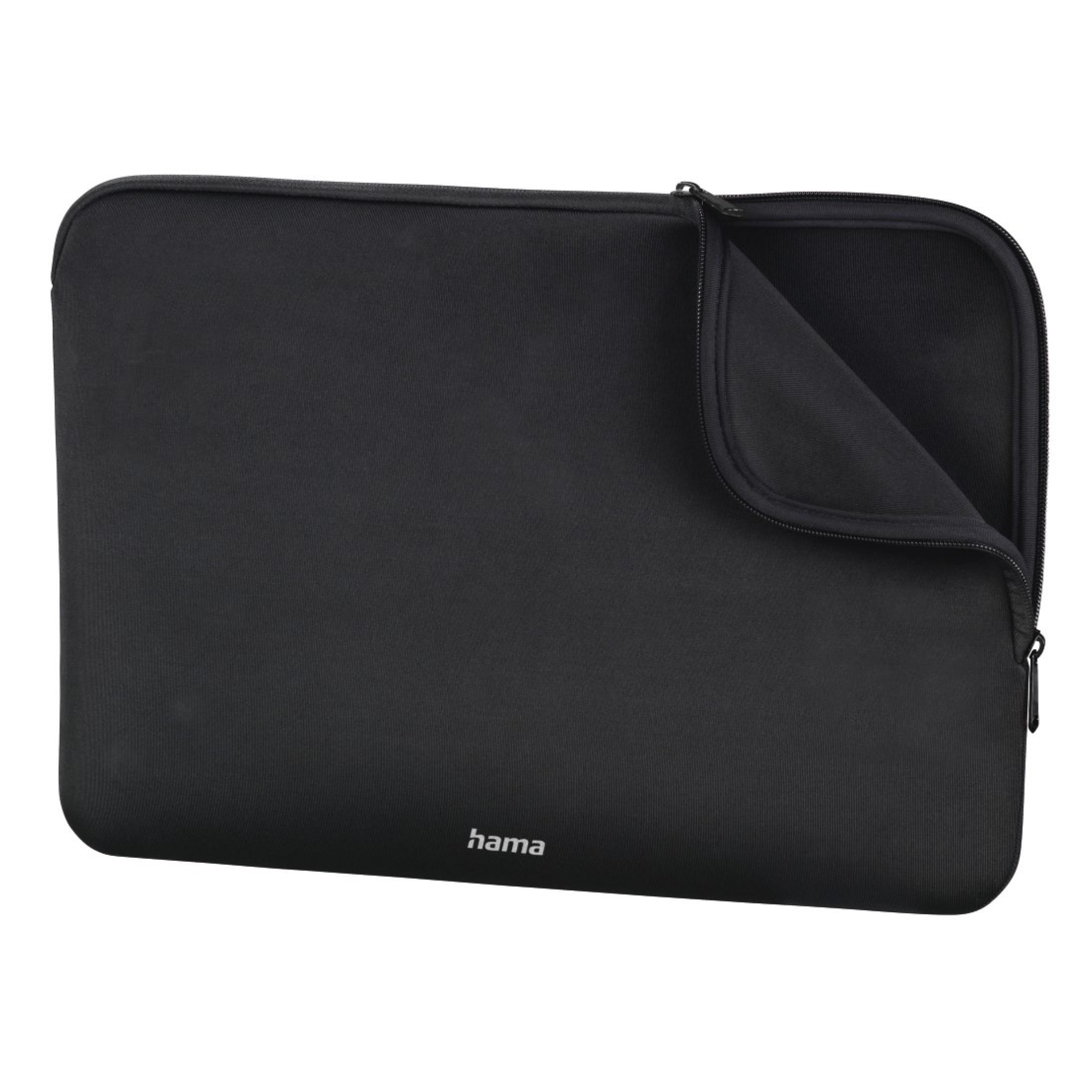 Custodia per laptop nera con cerniera. La custodia è aperta e l'interno nero è visibile.