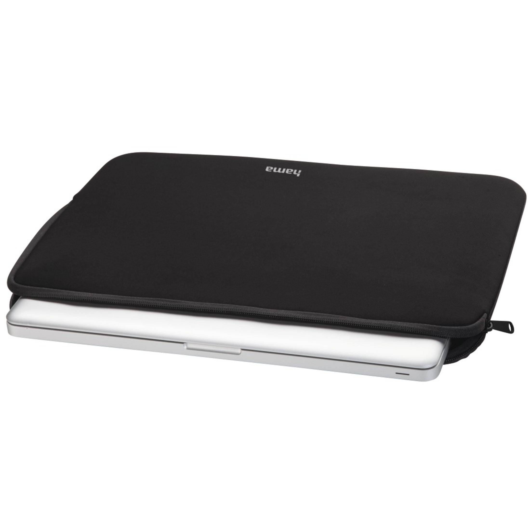 Una custodia nera per laptop, aperta per rivelare un laptop argentato all'interno.