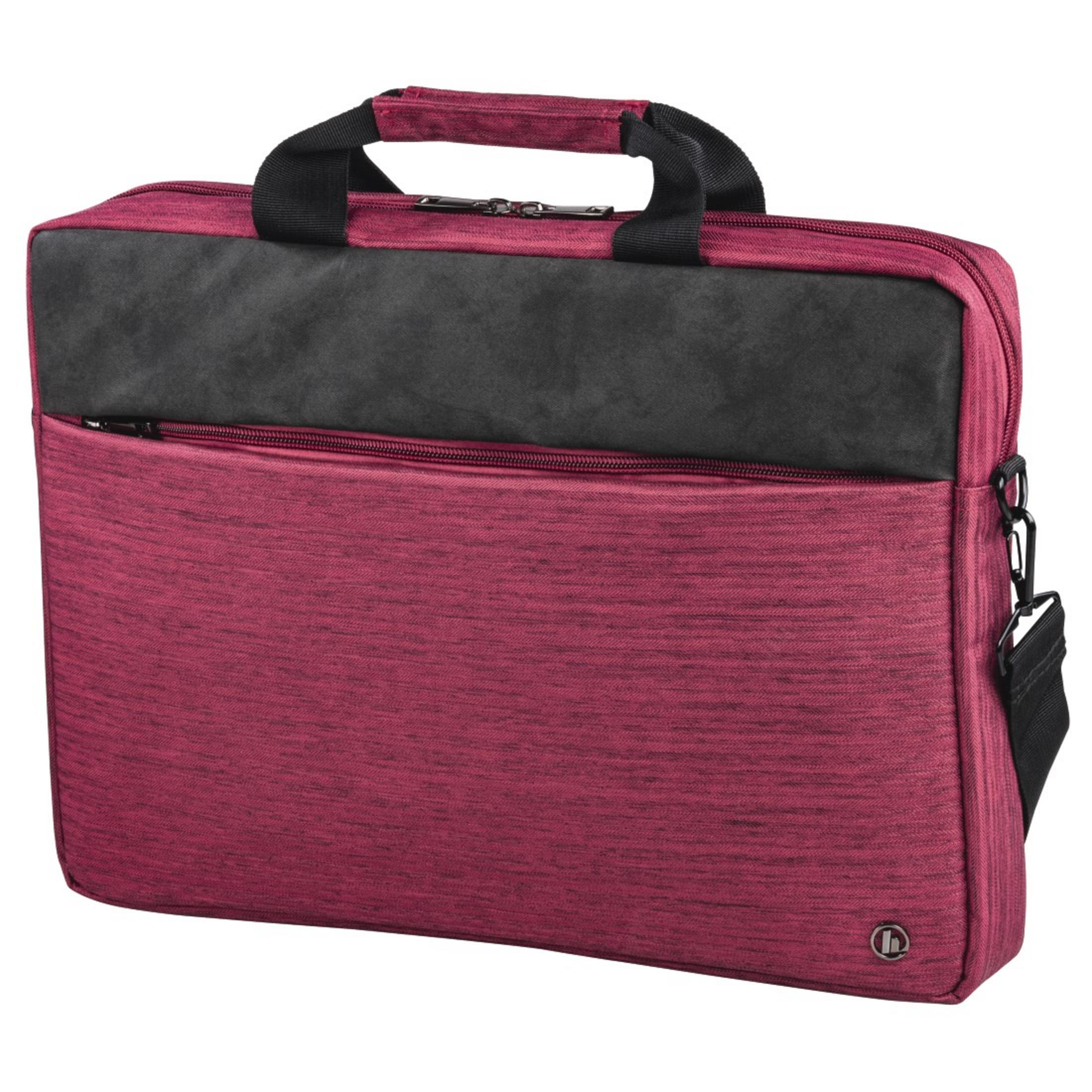 Borsa rossa per laptop con parte superiore e maniglia nere. Sfondo bianco.