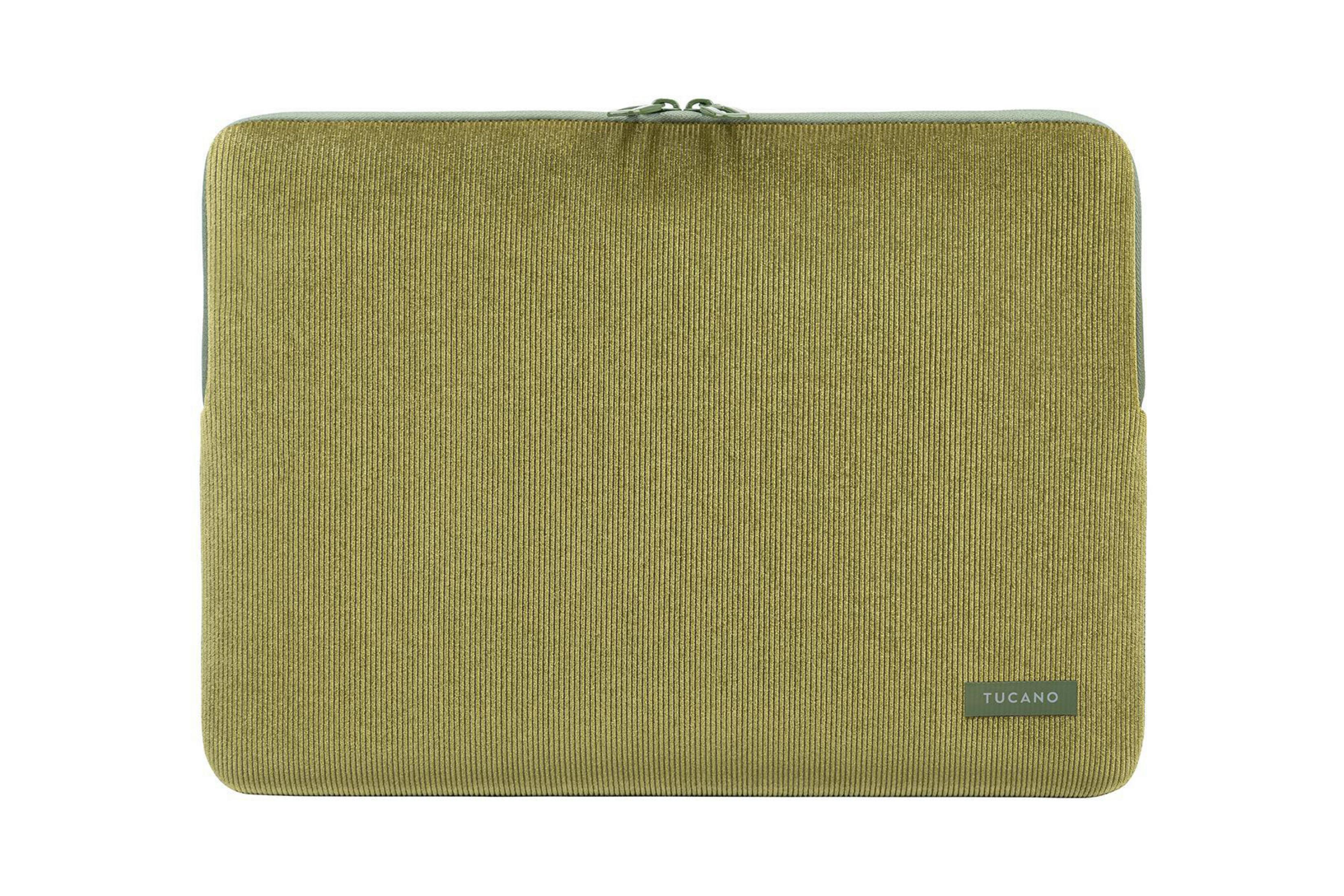 Grüne Cord-Laptoptasche. Die Tasche hat einen Reißverschluss und ein Tucano-Logo.