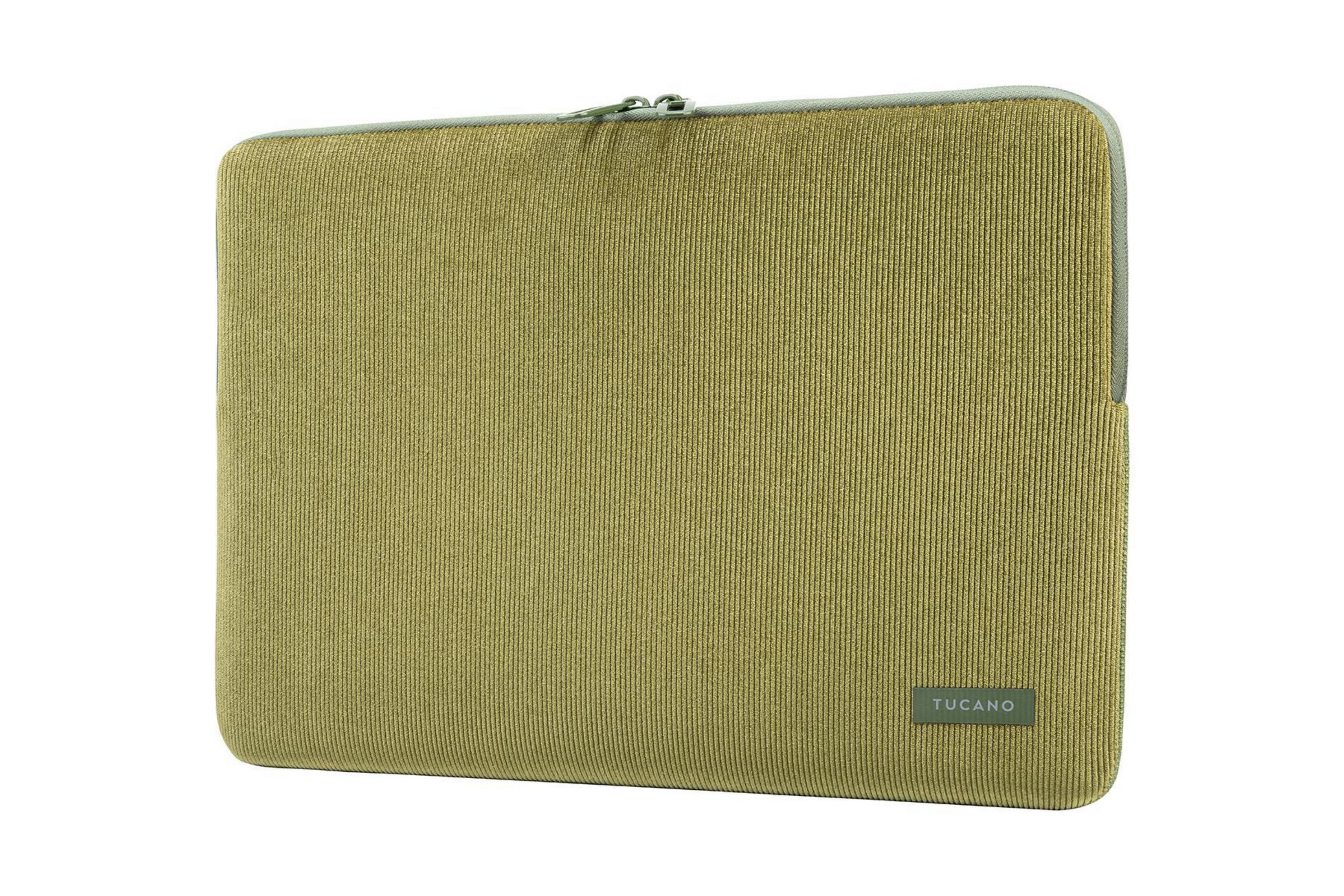 Olivgrüne Cord-Laptop-Hülle mit Reißverschluss und Logo.