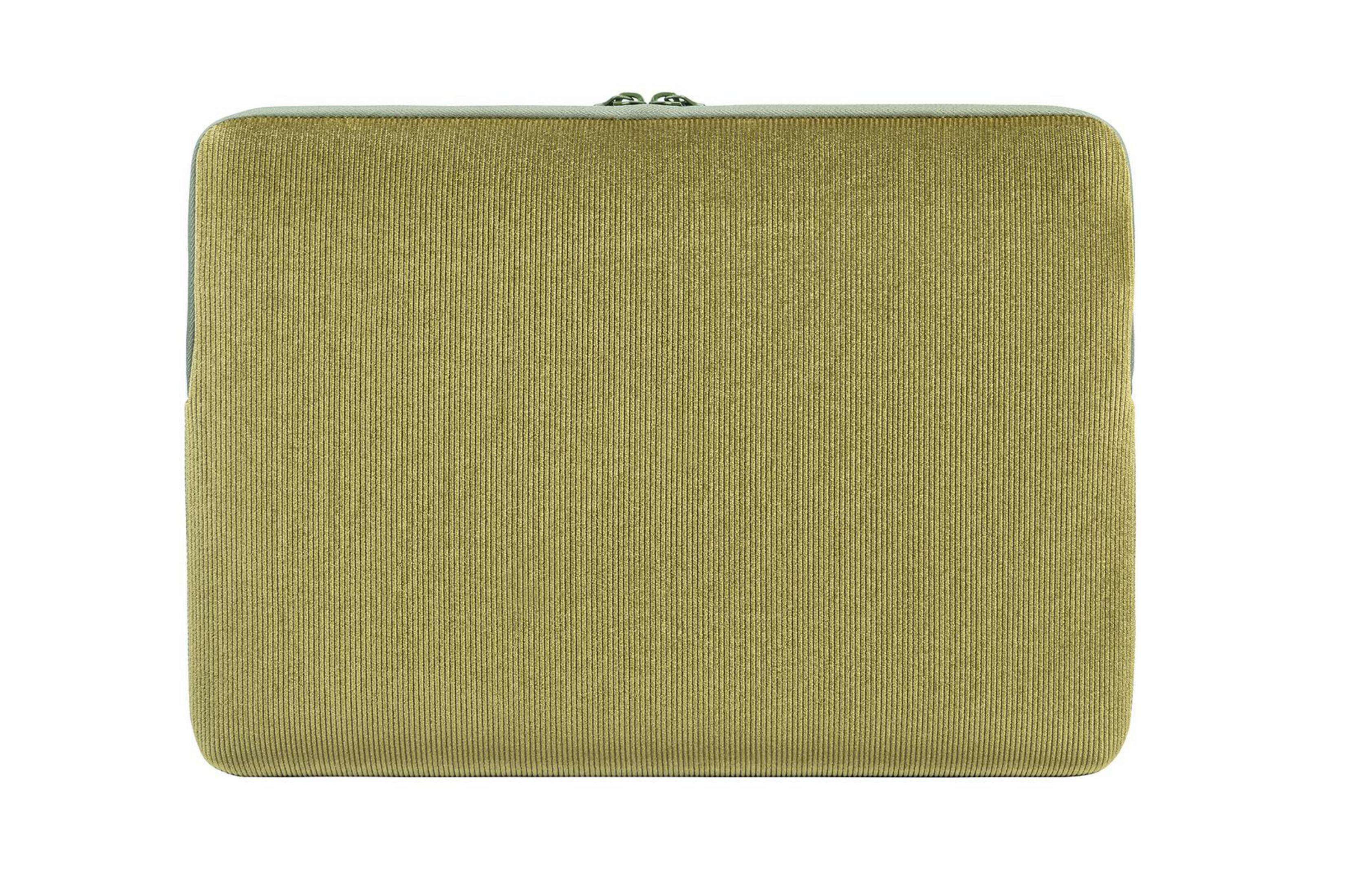 Olivgrüne Laptoptasche mit vertikalen Rippen.
