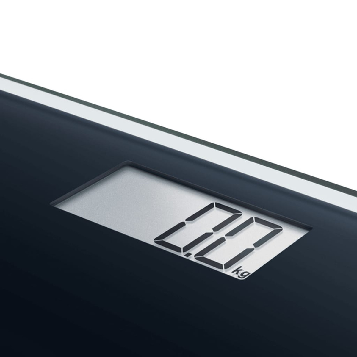 Digitale schwarze Waage zeigt 0,0 kg. Der Bildschirm ist silber.