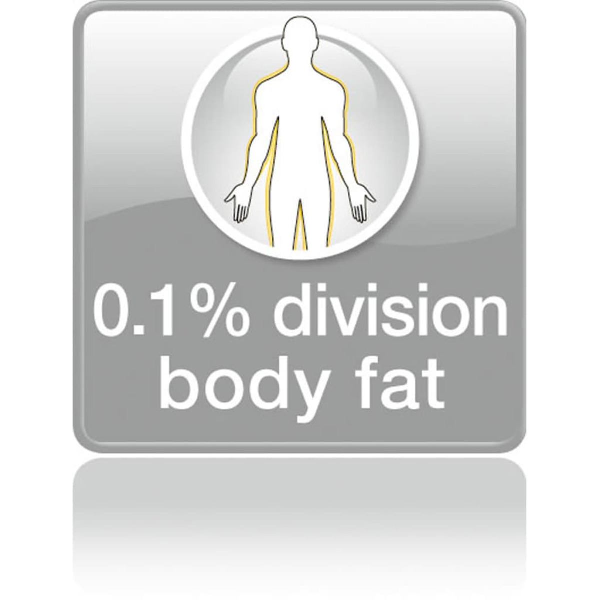 Graues Quadrat mit Text: "0,1% division body fat" und Körpersilhouette.