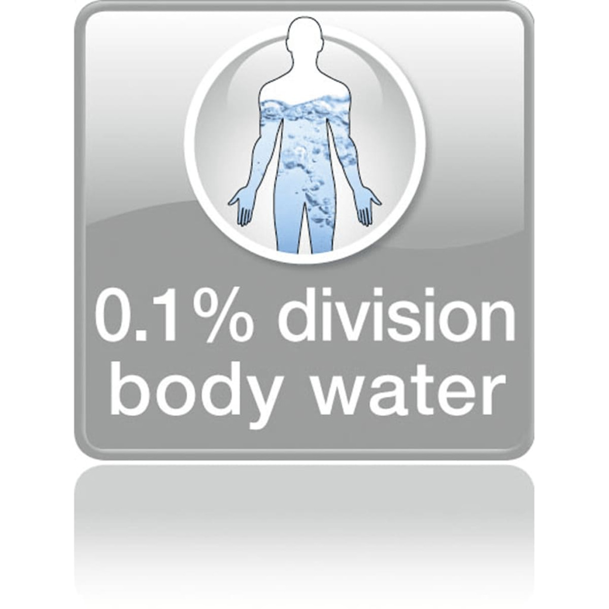 Symbol mit Personensilhouette und wasserartiger Grafik. Text: '0,1% Körperwasser'.