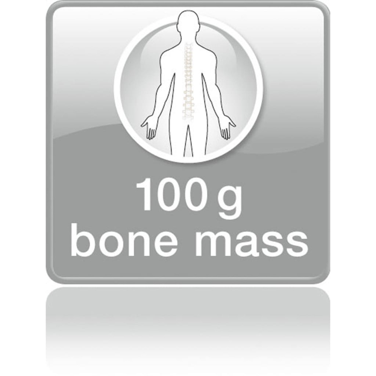 Symbol mit menschlicher Silhouette und Text '100g Knochenmasse' auf grauem Grund.