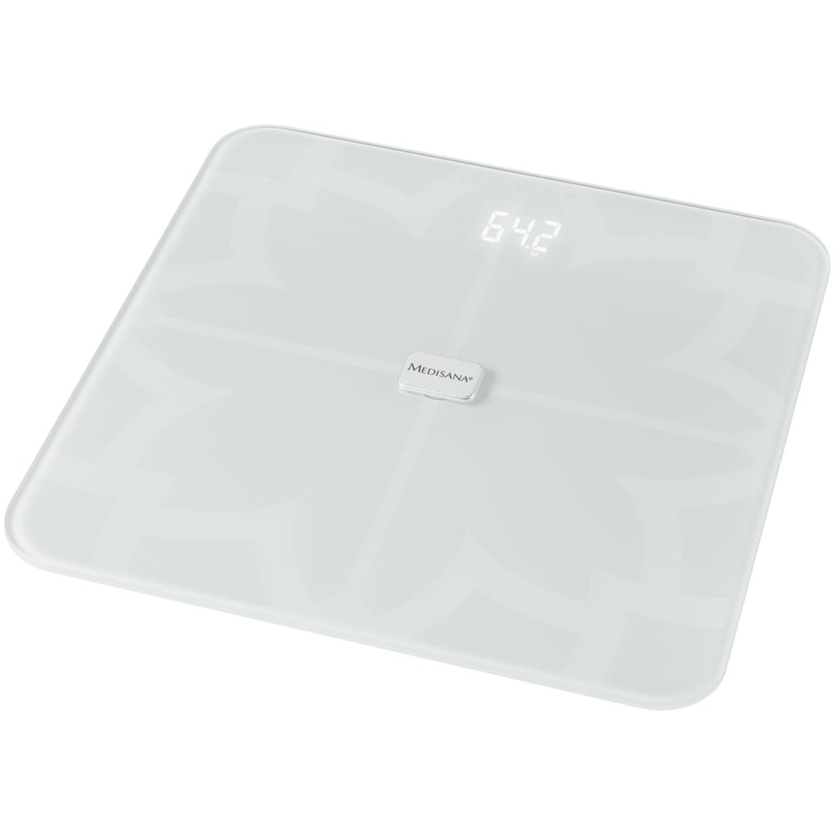 Eine weiße Glas-Quadratwaage mit digitaler Anzeige, die 64,2 anzeigt. Die Marke MEDISANA ist sichtbar.