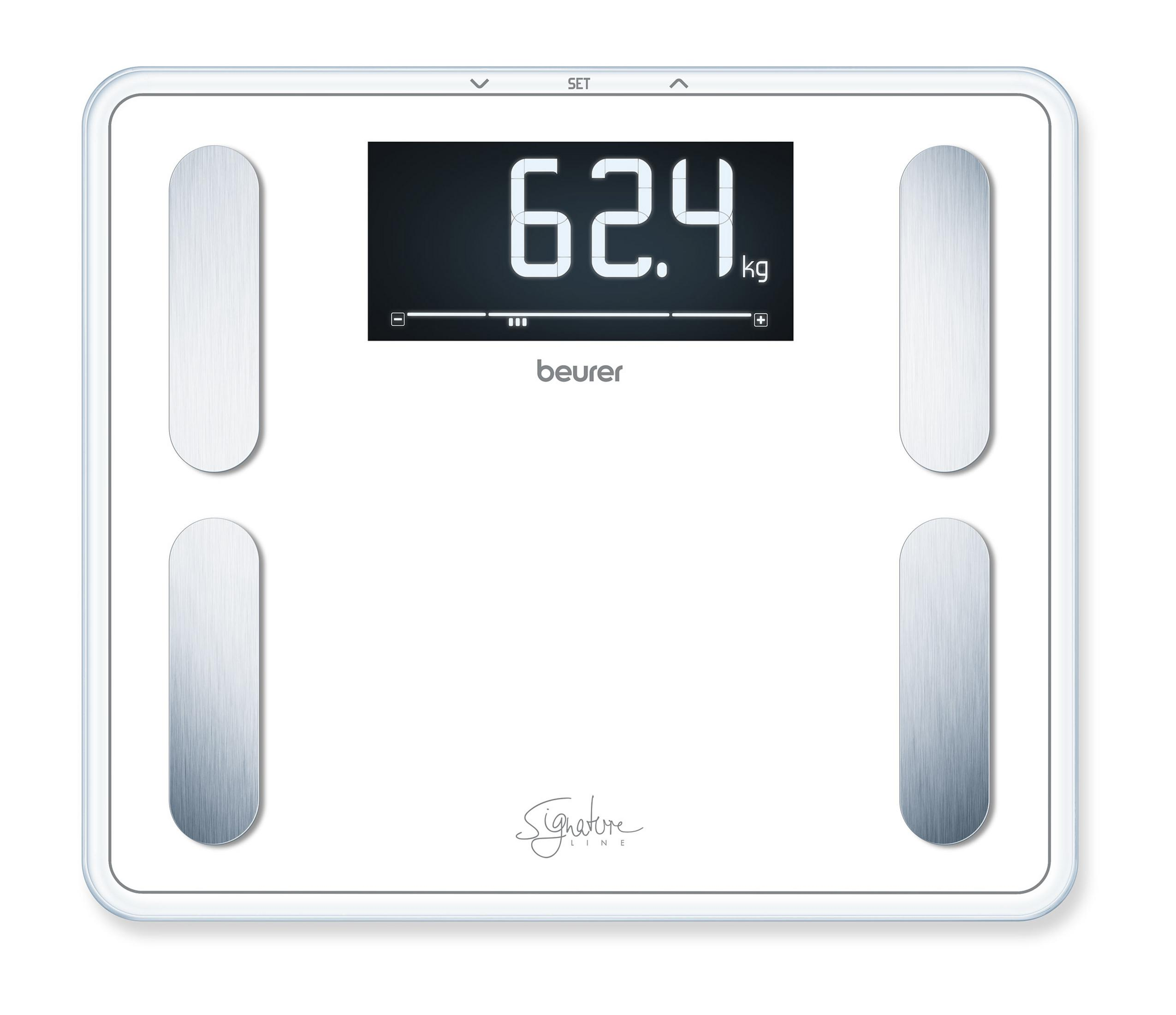 Weiße Digitalwaage mit Anzeige von 62,4 kg. Die Waage hat silberne Pads.