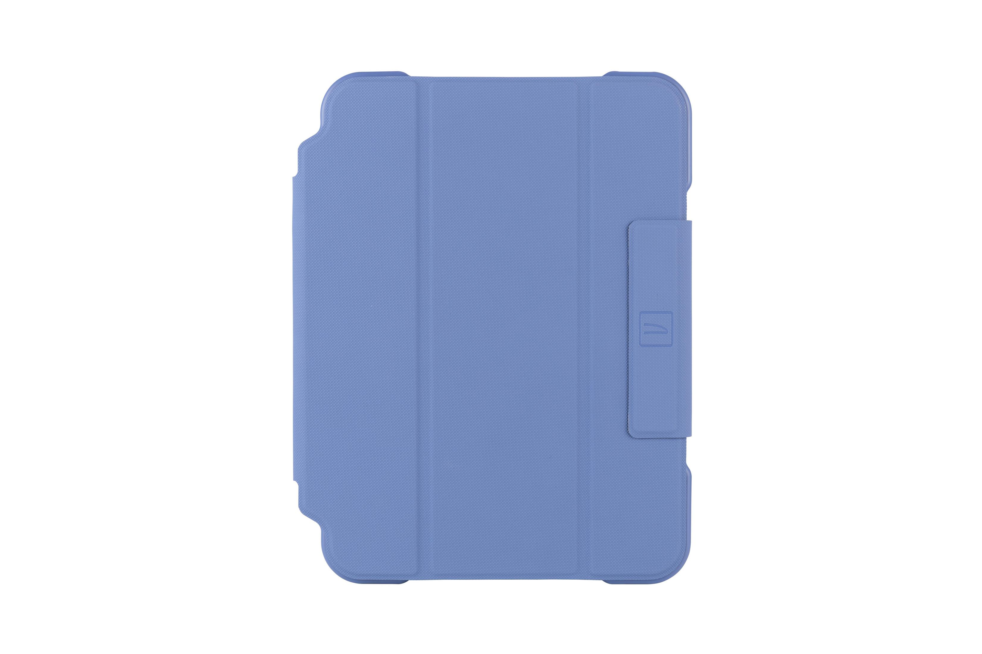Funda para iPad azul claro. Cerrada, con un mecanismo de cierre seguro. Vista frontal.