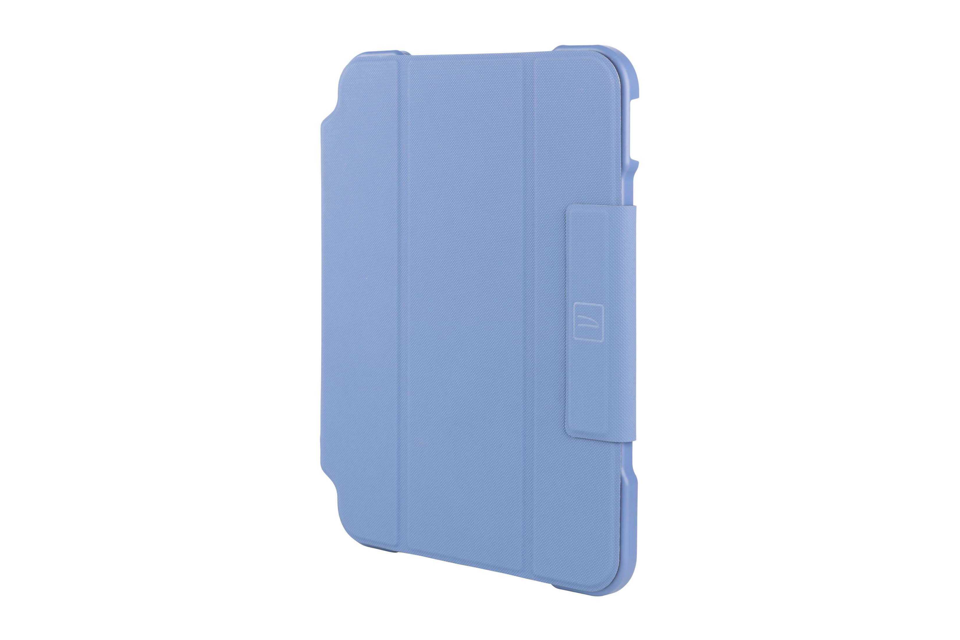 Una funda para tableta azul claro. Está cerrada y tiene un cierre en un lado.