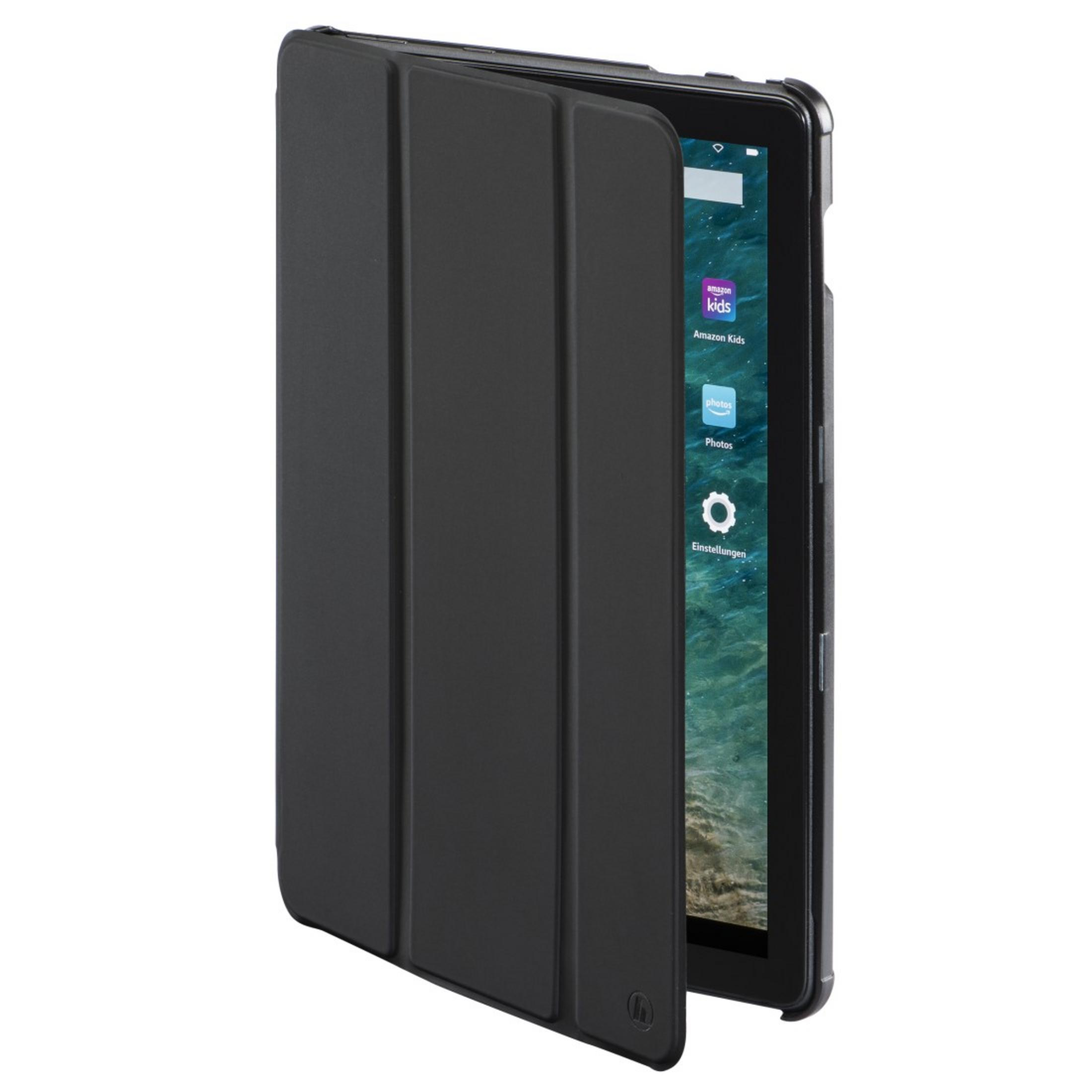 Schwarzes Tablet in schwarzer Hülle, geöffnet. Der Bildschirm zeigt Apps. Der Hintergrund ist weiß.