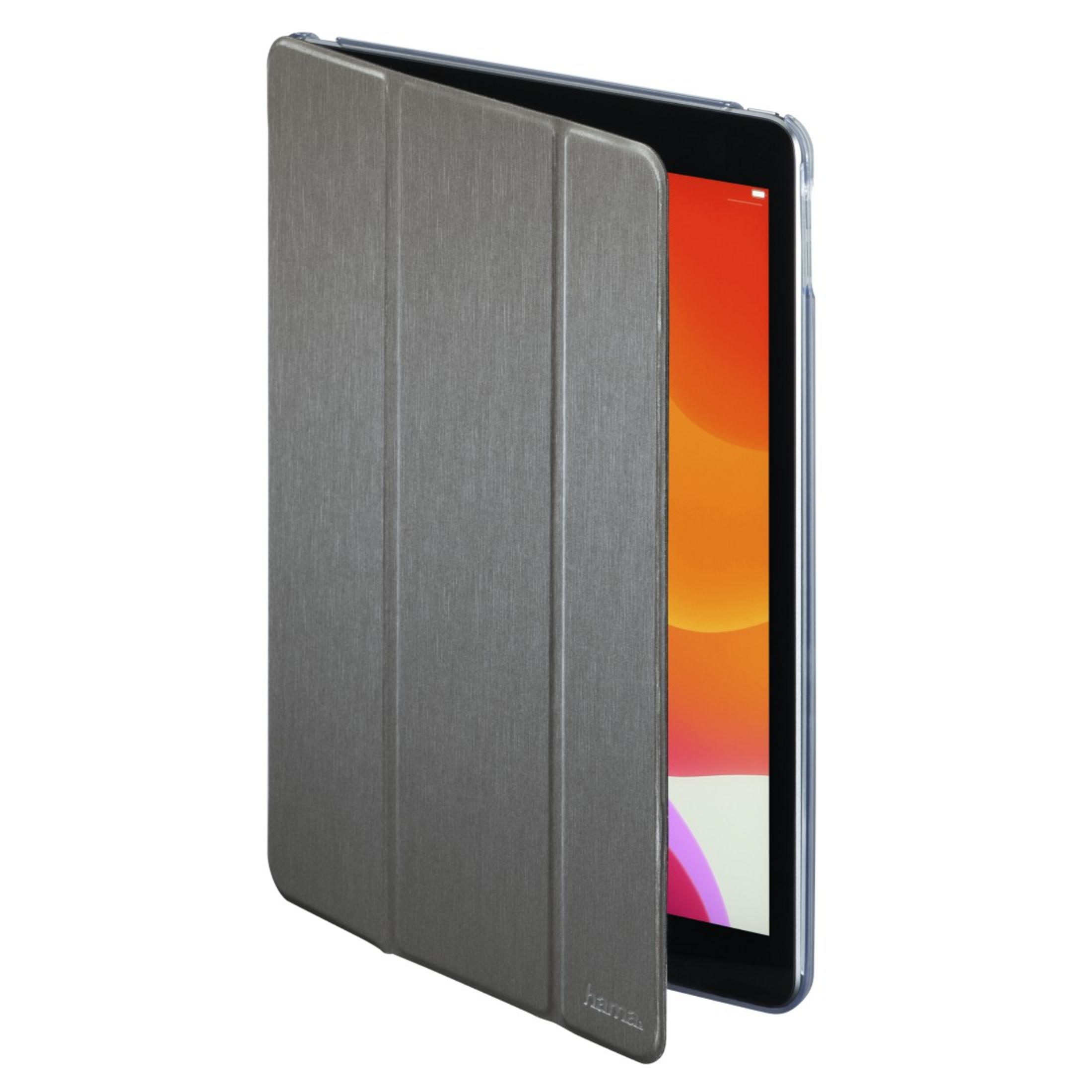 Tablet mit geöffneter grauer Hülle, die den Bildschirm freigibt.