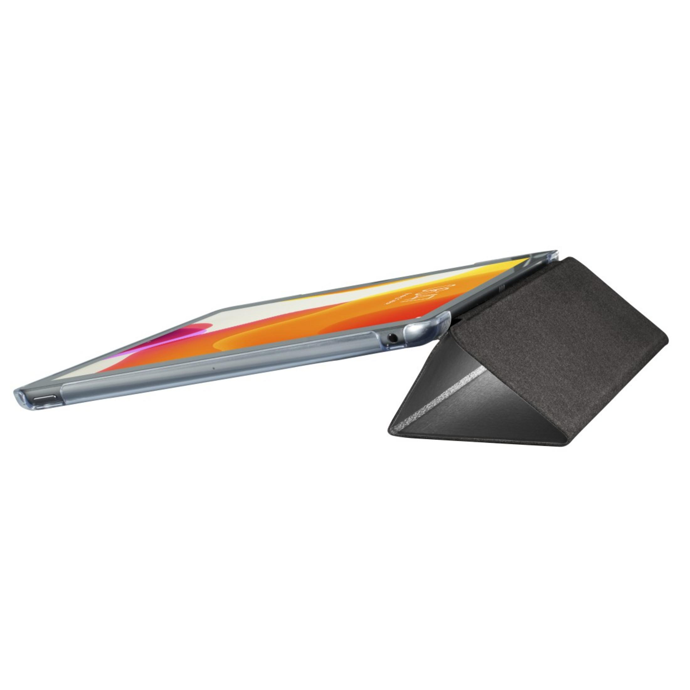 Tablet mit transparenter Hülle auf einem Ständer, mit orange-gelbem Bildschirm.