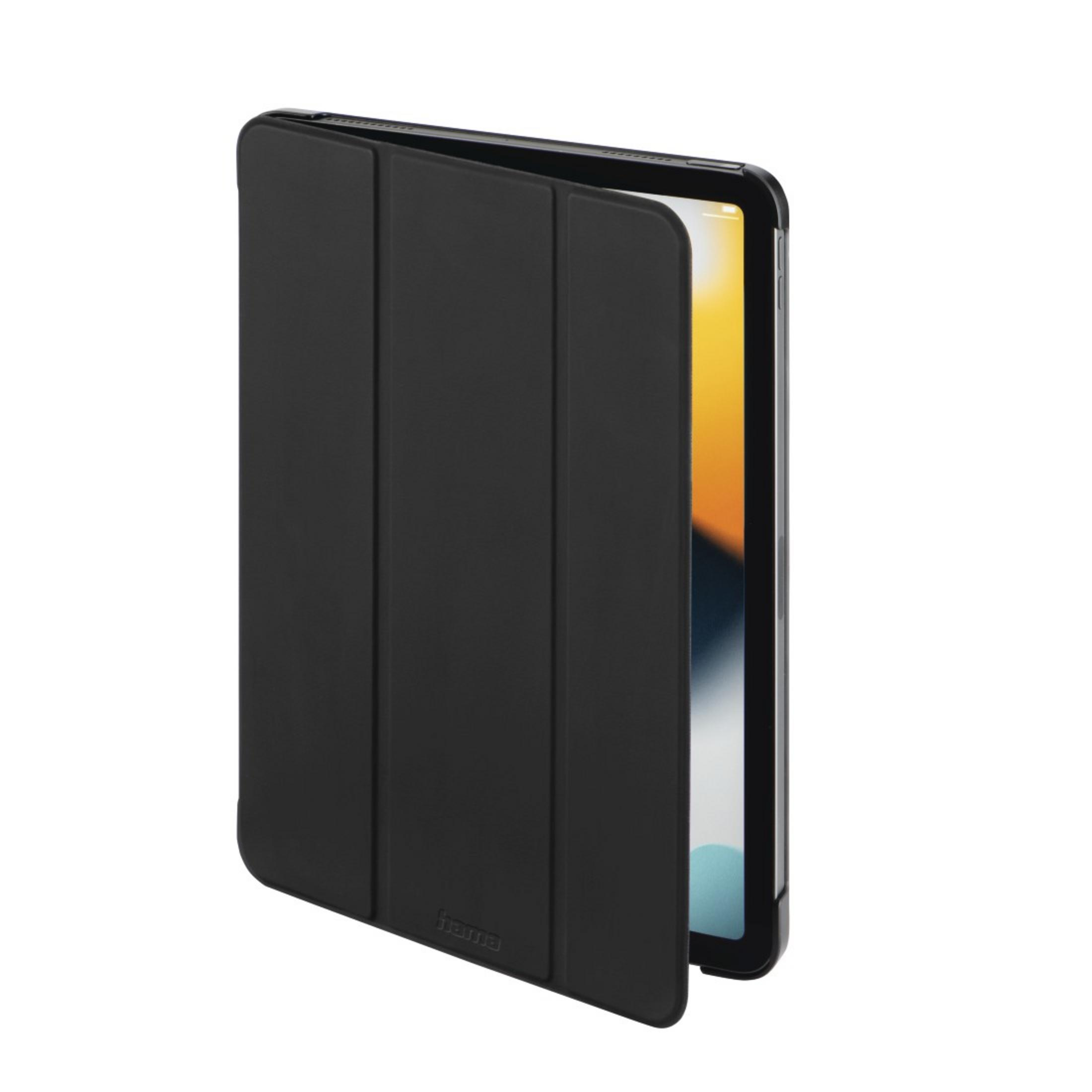 Schwarzes Tablet mit schwarzer Hülle, offen.