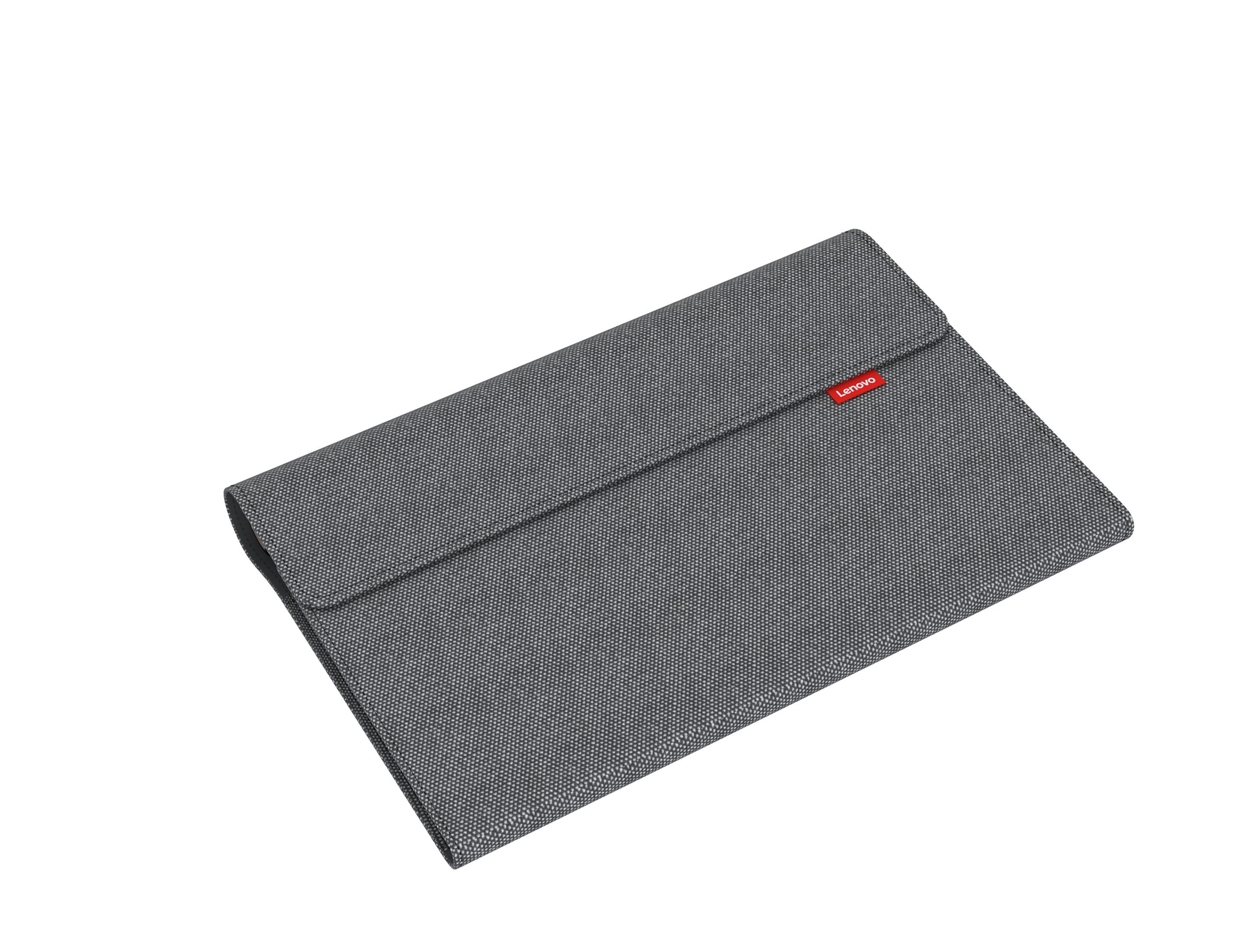 Graue Lenovo Tablet-Hülle, geschlossen, mit Lenovo-Logo.