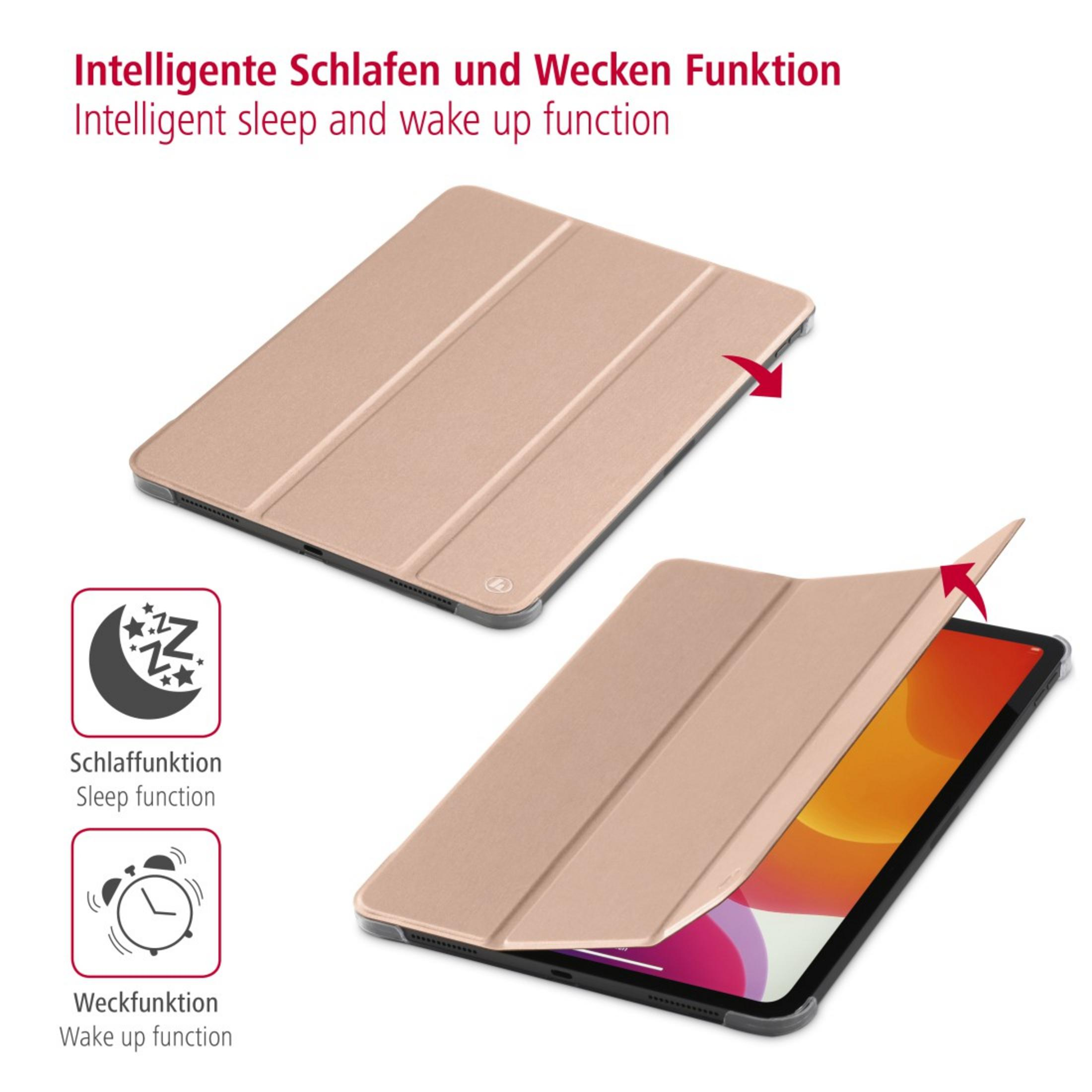 Zwei goldene iPad-Hüllen, eine offen und eine geschlossen. Deutscher Text beschreibt Schlaf- und Weckfunktion.