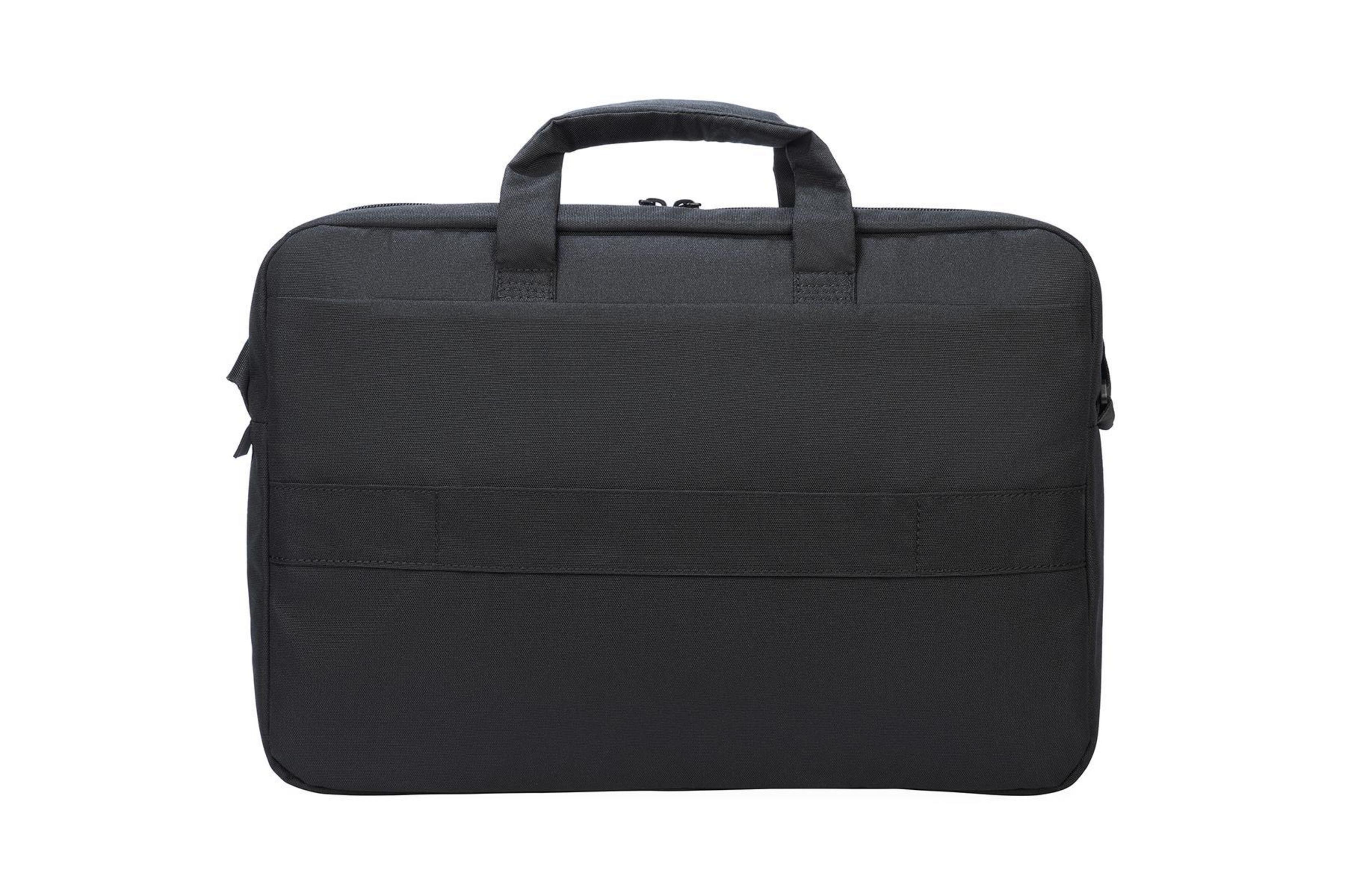 Schwarze Laptoptasche mit Griffen. Schlichtes Design auf weißem Grund.