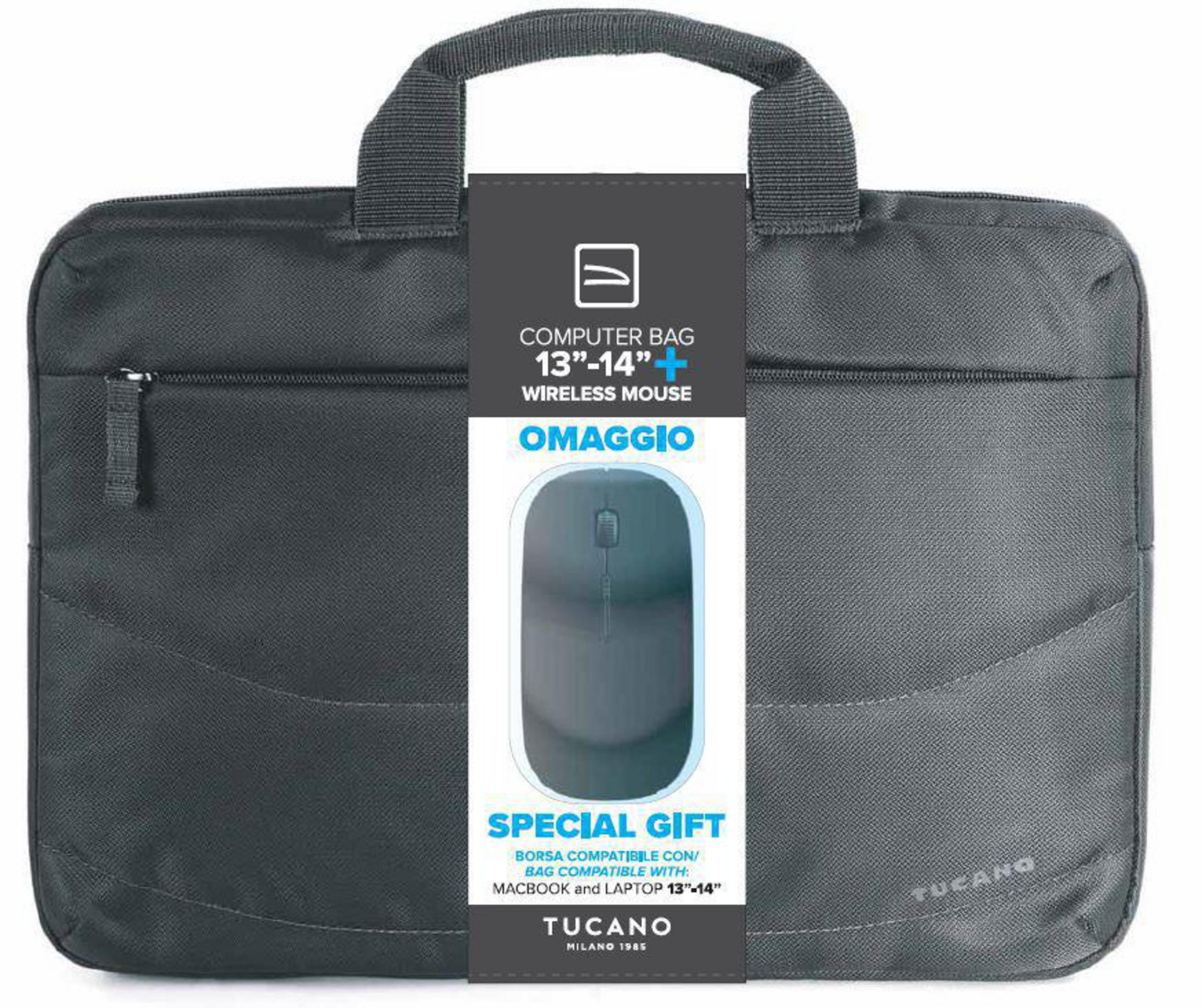 Graue Laptoptasche mit Etikett. Enthält eine Maus. Sagt 'Computer-Tasche' und 'Geschenk'.