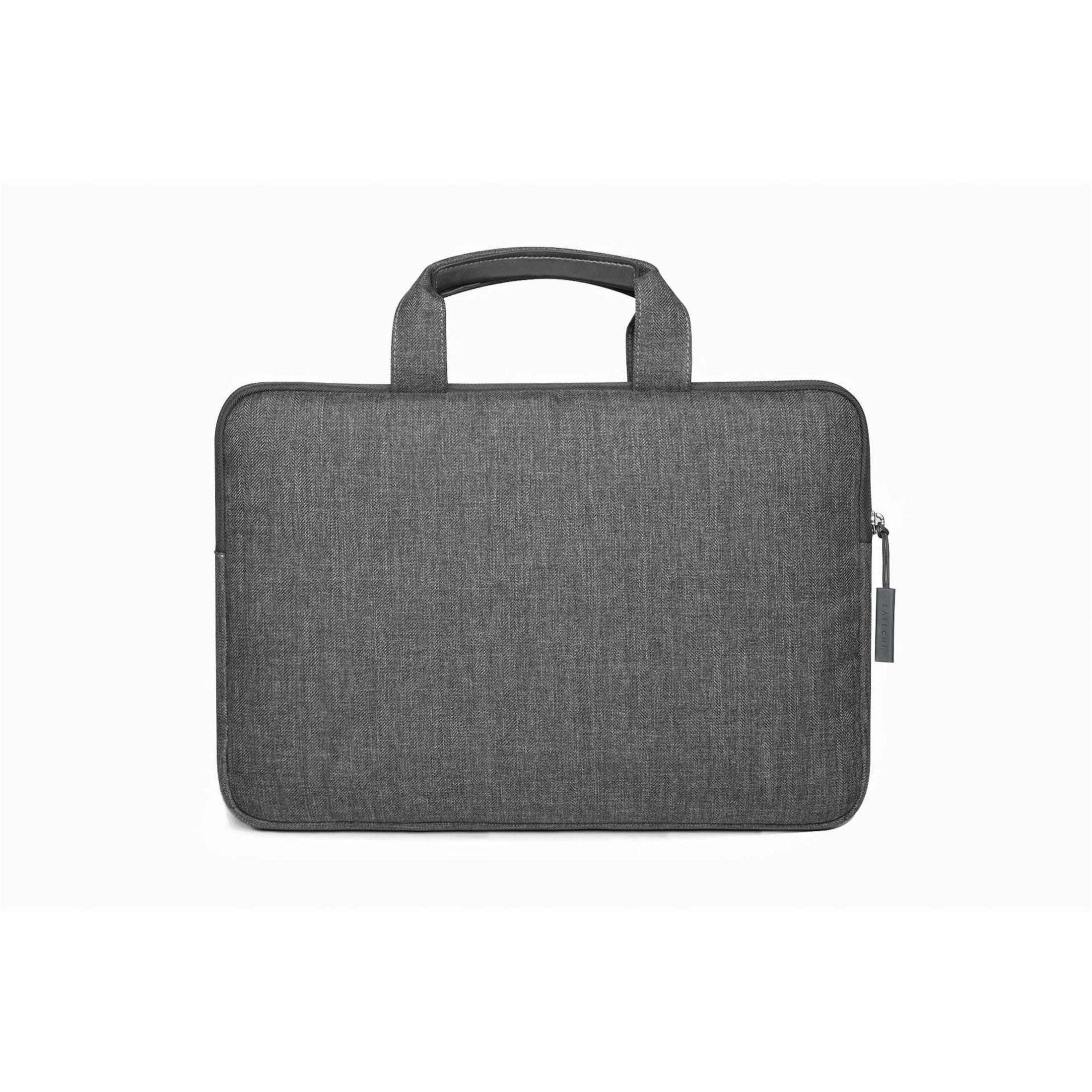 Borsa per laptop grigia con manico. La borsa è su sfondo bianco.