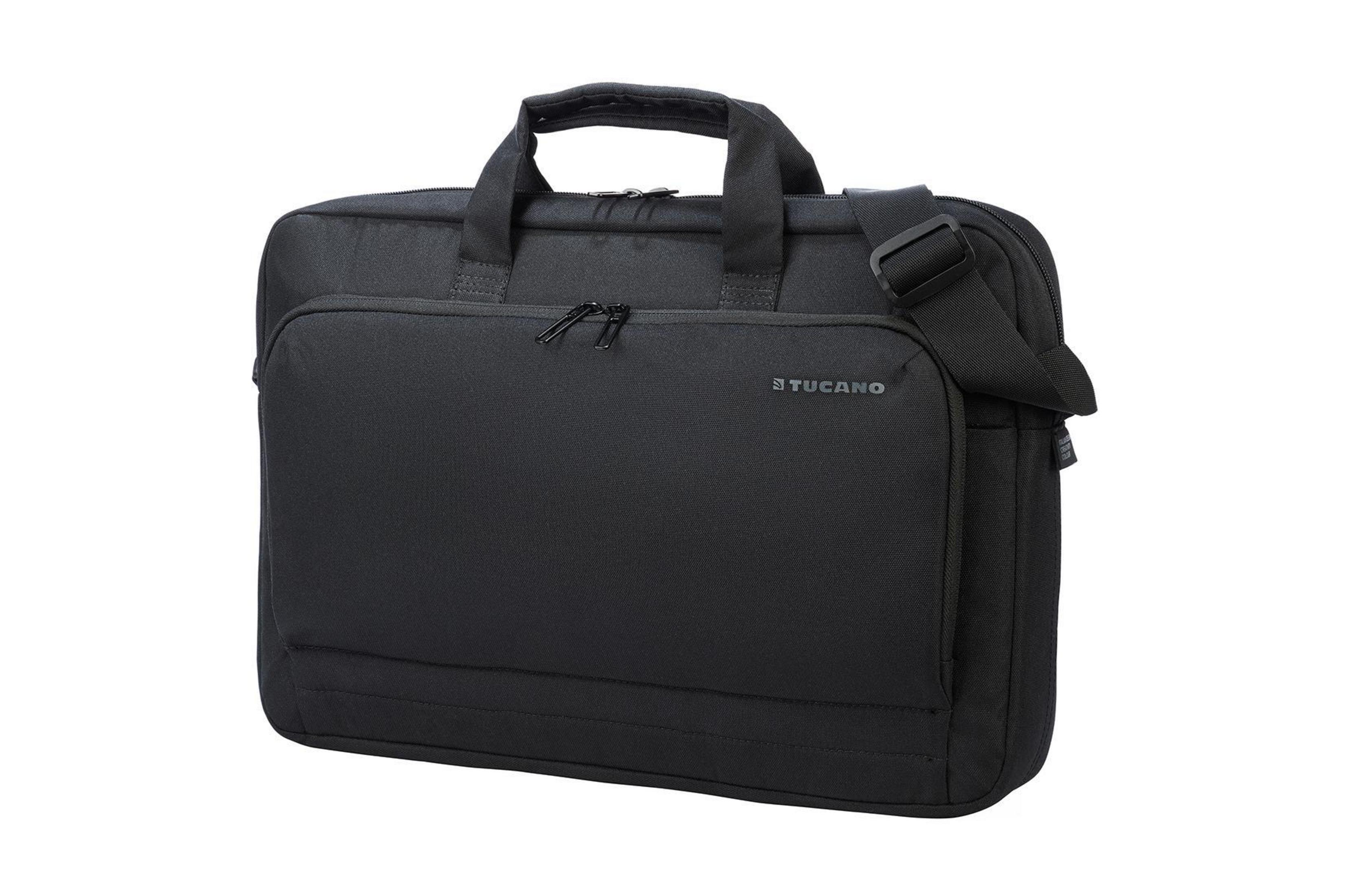Borsa per laptop nera Tucano, con manico, tasche frontali e tracolla.