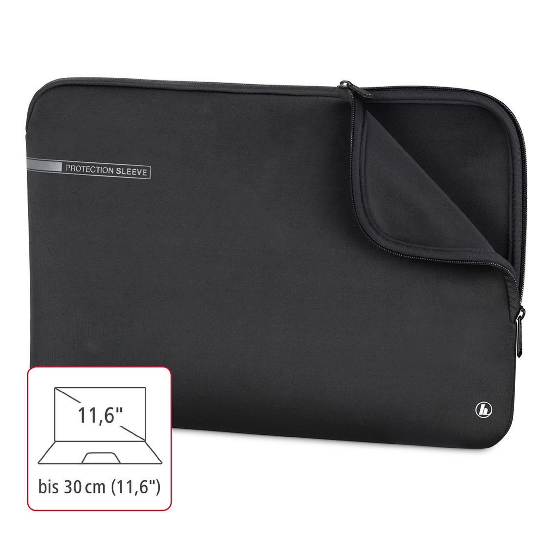 Custodia per laptop nera con etichetta 'PROTECTION SLEEVE'. La custodia è su sfondo bianco.