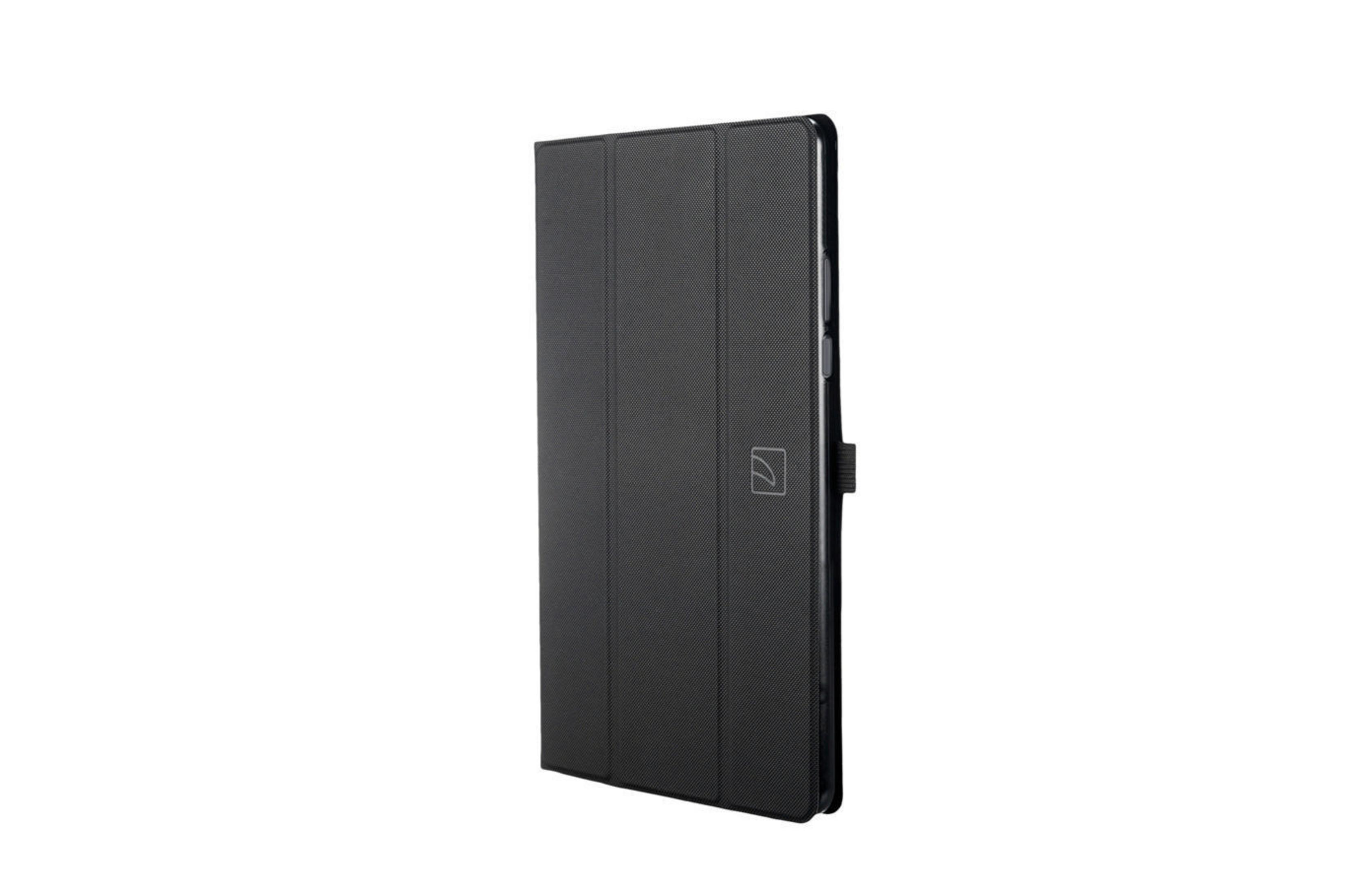 Funda de teléfono negra cerrada, superficie texturizada. Fondo blanco.