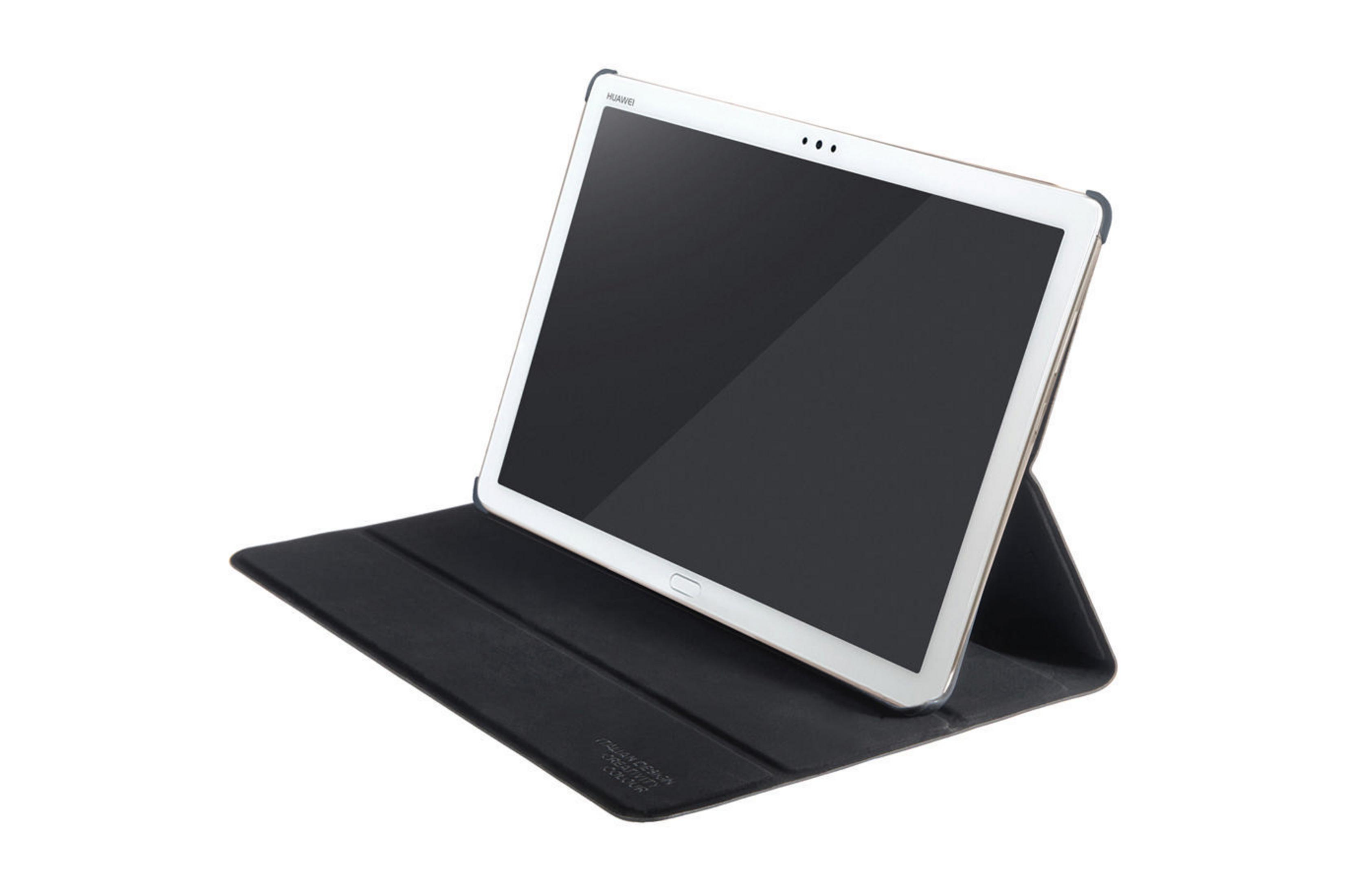 Tableta en una funda negra. La pantalla es visible y está en ángulo hacia arriba.