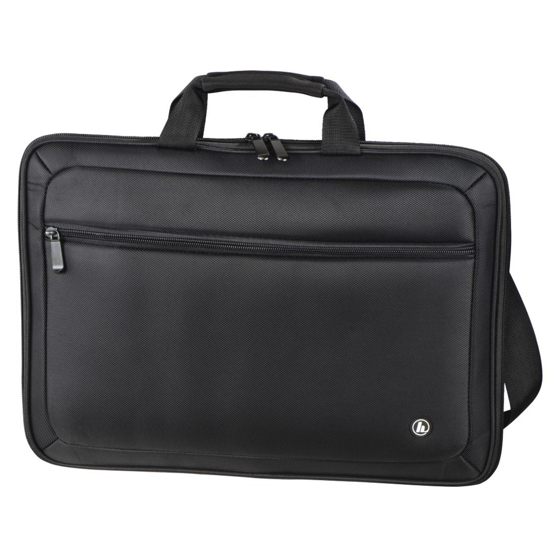 Una borsa per laptop nera con cerniera e manico. È su uno sfondo bianco. La borsa è chiusa.