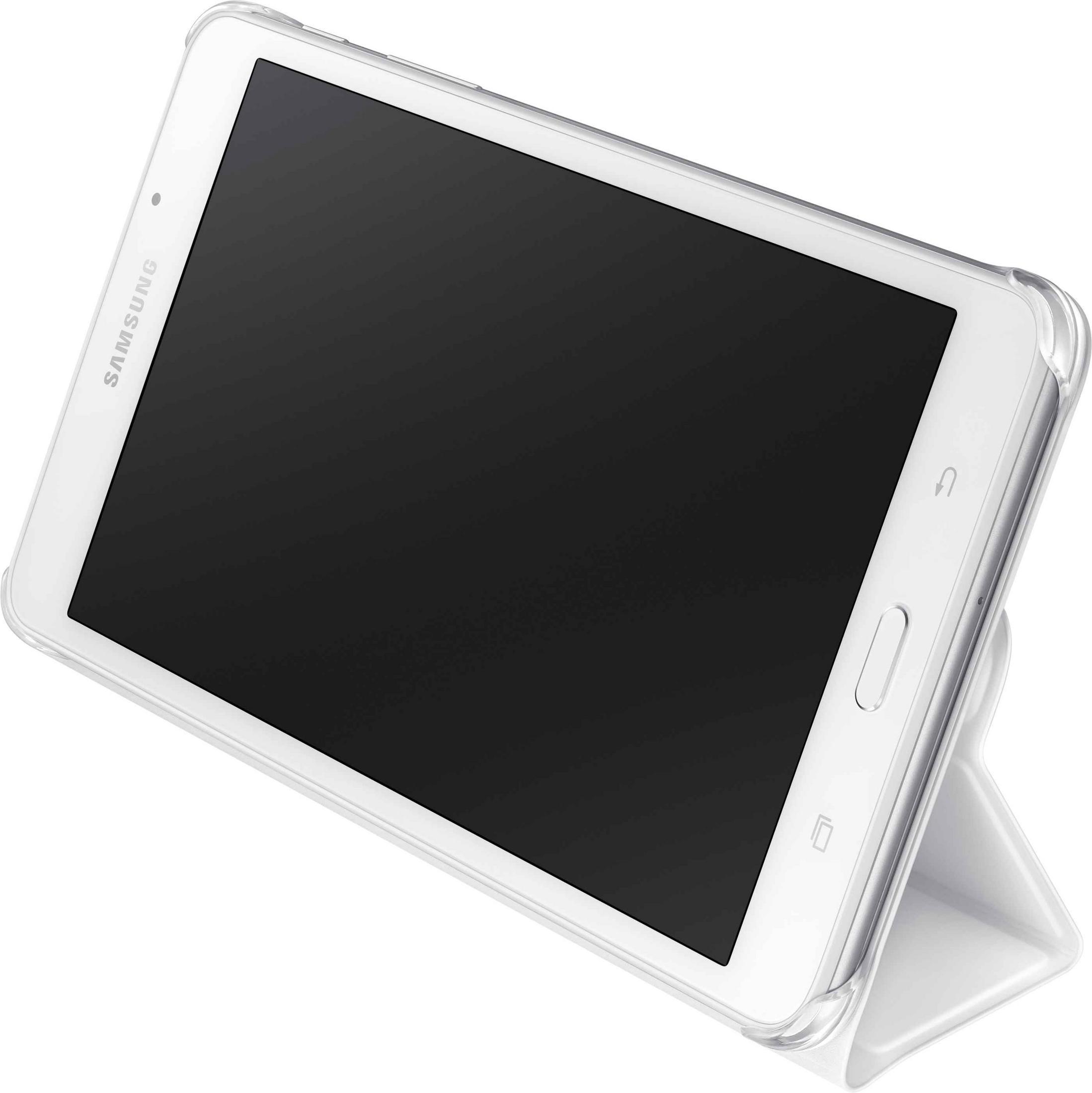 Tablet bianco in una custodia trasparente, sorretto da un supporto.