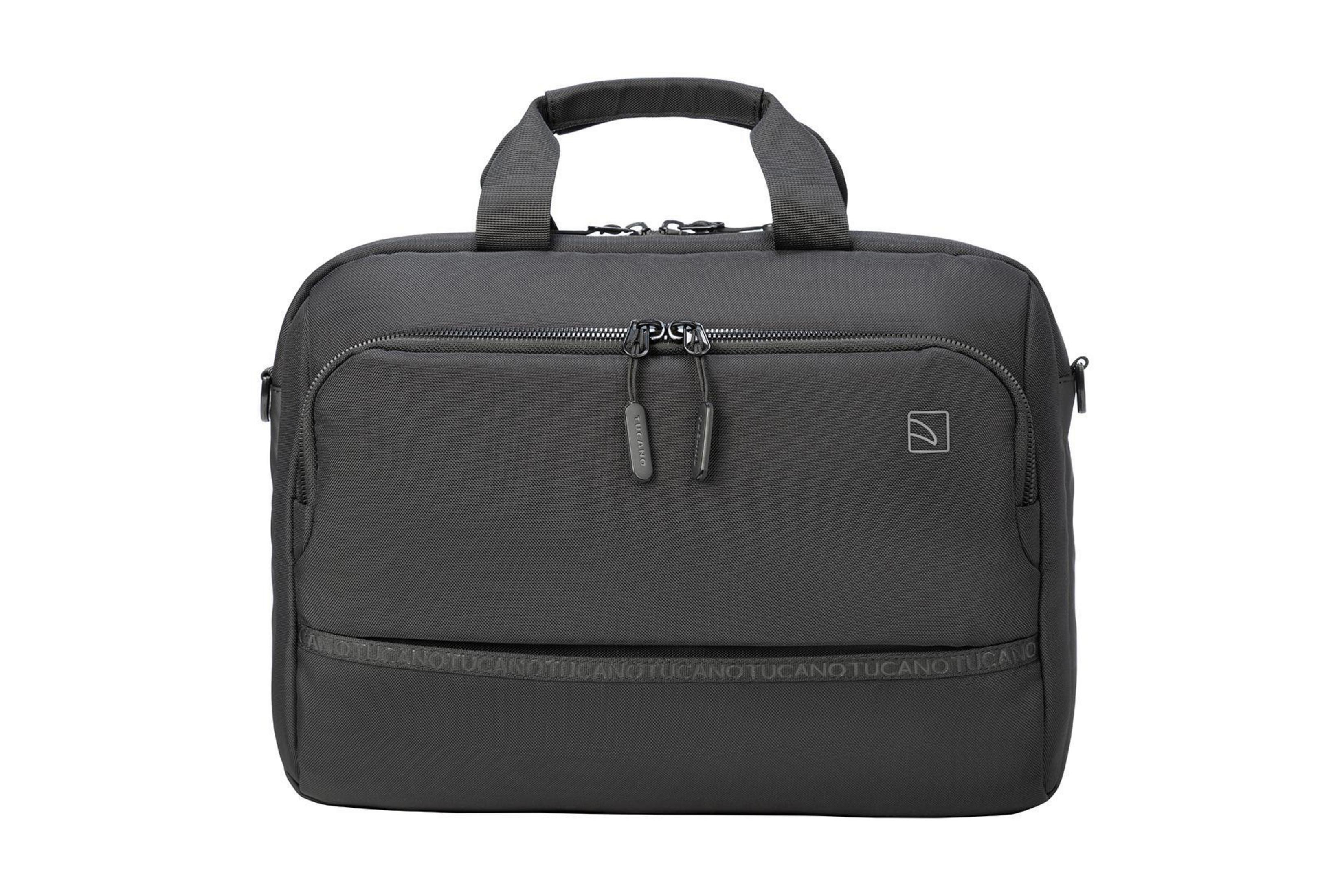 Dunkelgraue Laptoptasche mit Griffen und Schultergurt. Der Hintergrund ist weiß.