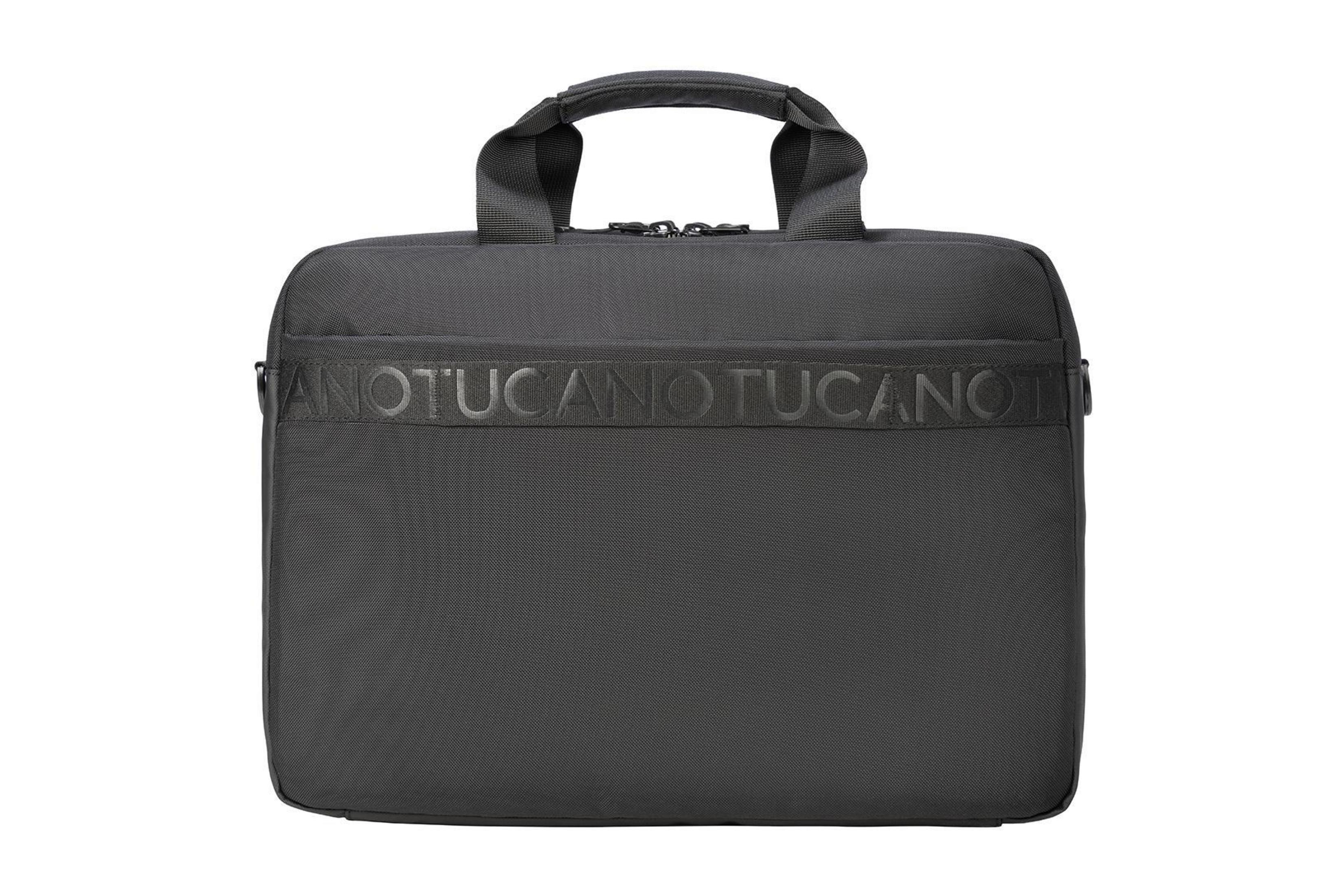 Schwarze Laptoptasche mit Griffen. TUCANO-Logo vorne. Weißer Hintergrund.