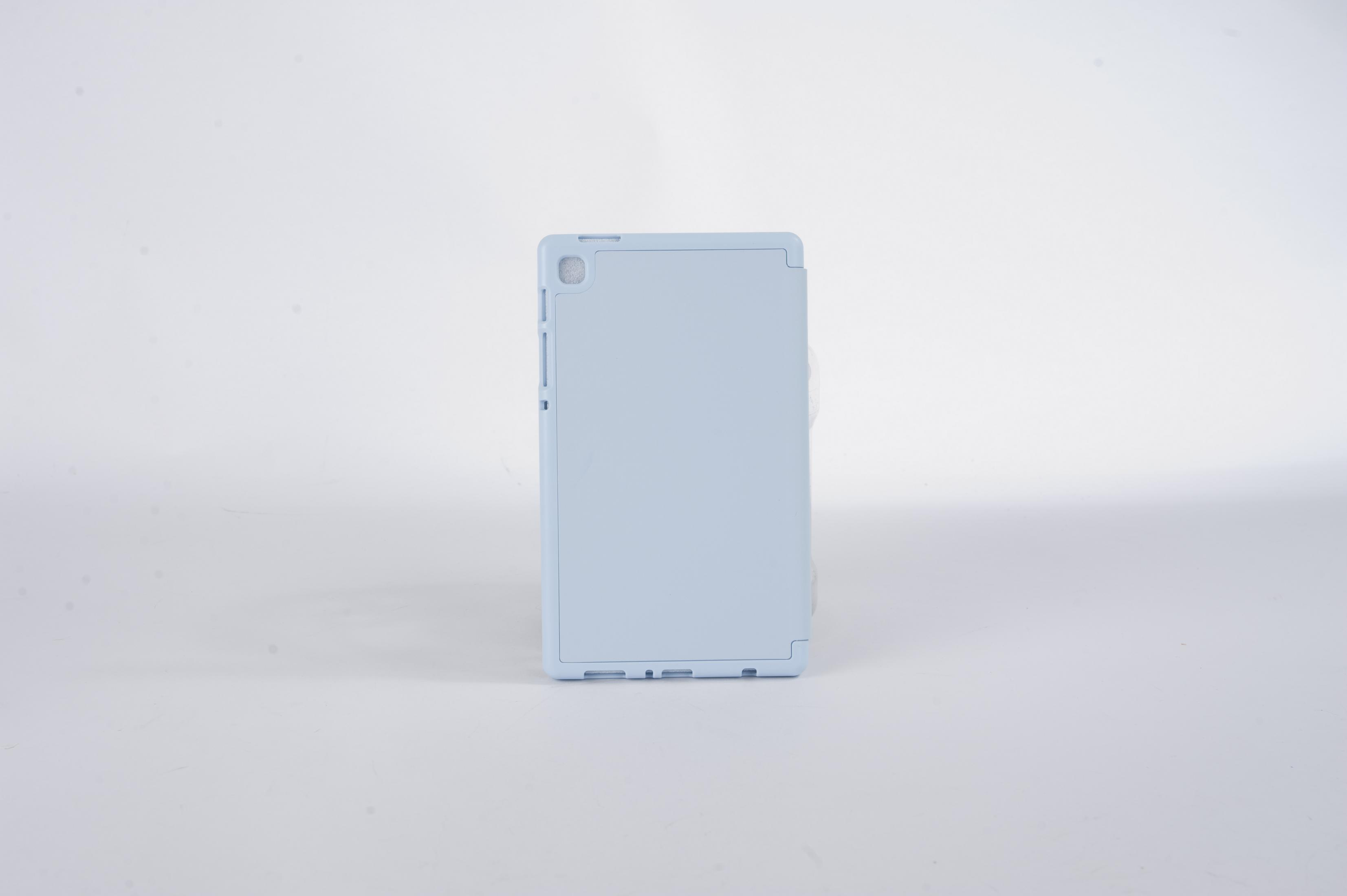 Hellblaue Tablethülle. Das Tablet befindet sich in der Hülle und wird von der Seite betrachtet.