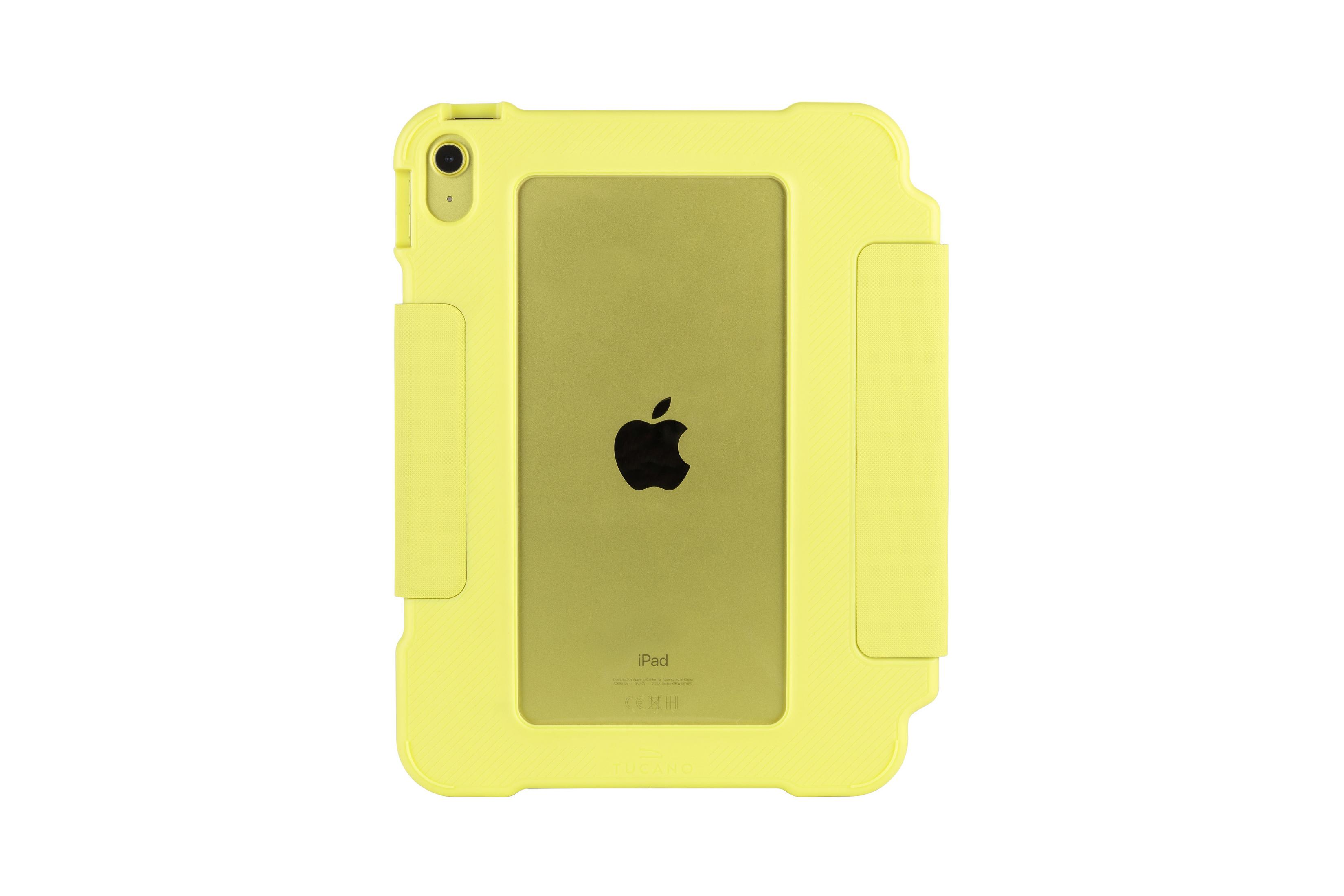 Funda de tableta amarilla, trasera transparente, logo Apple visible, fondo blanco.