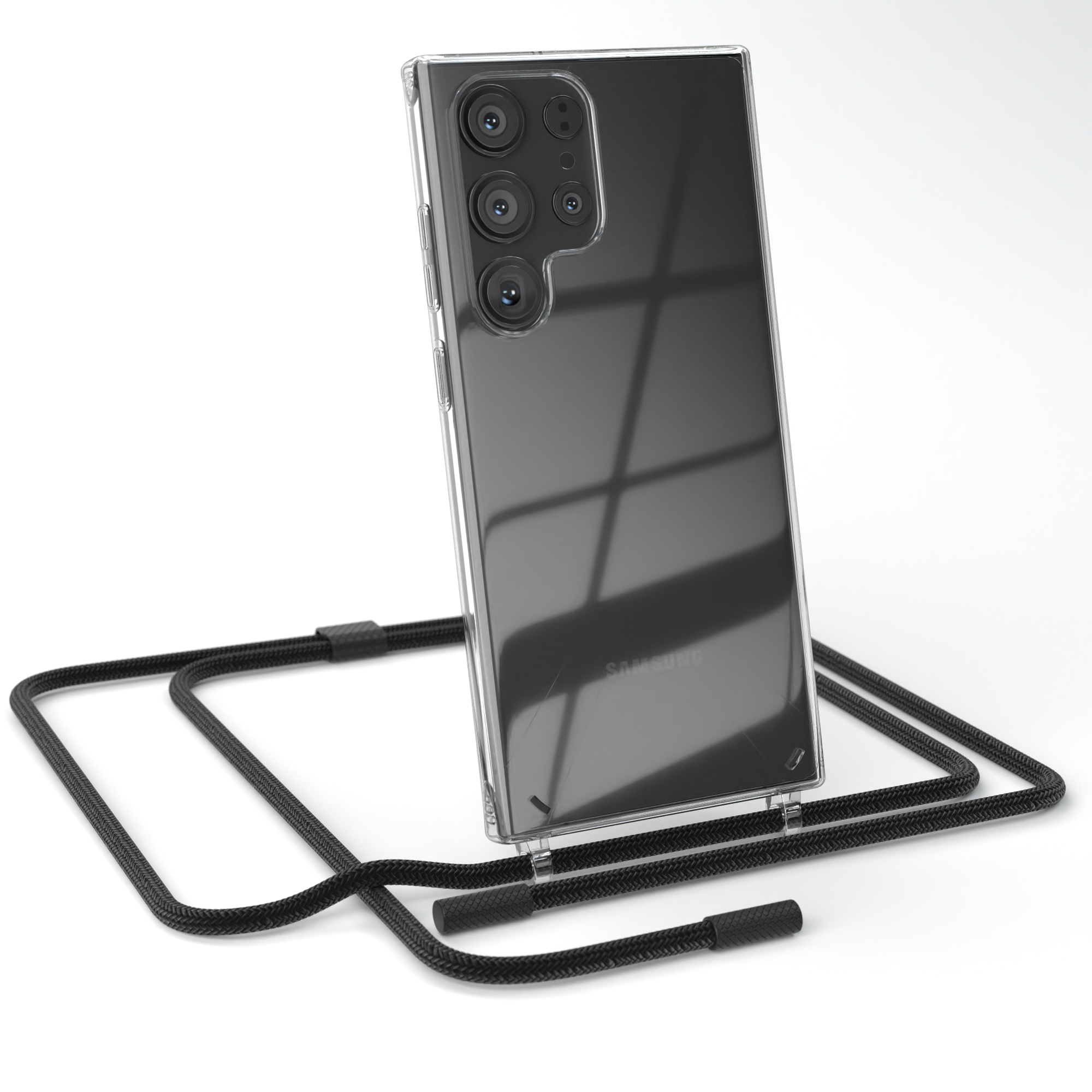 Transparente Handyhülle mit Samsung-Telefon und schwarzem Lanyard. Weißer Hintergrund.