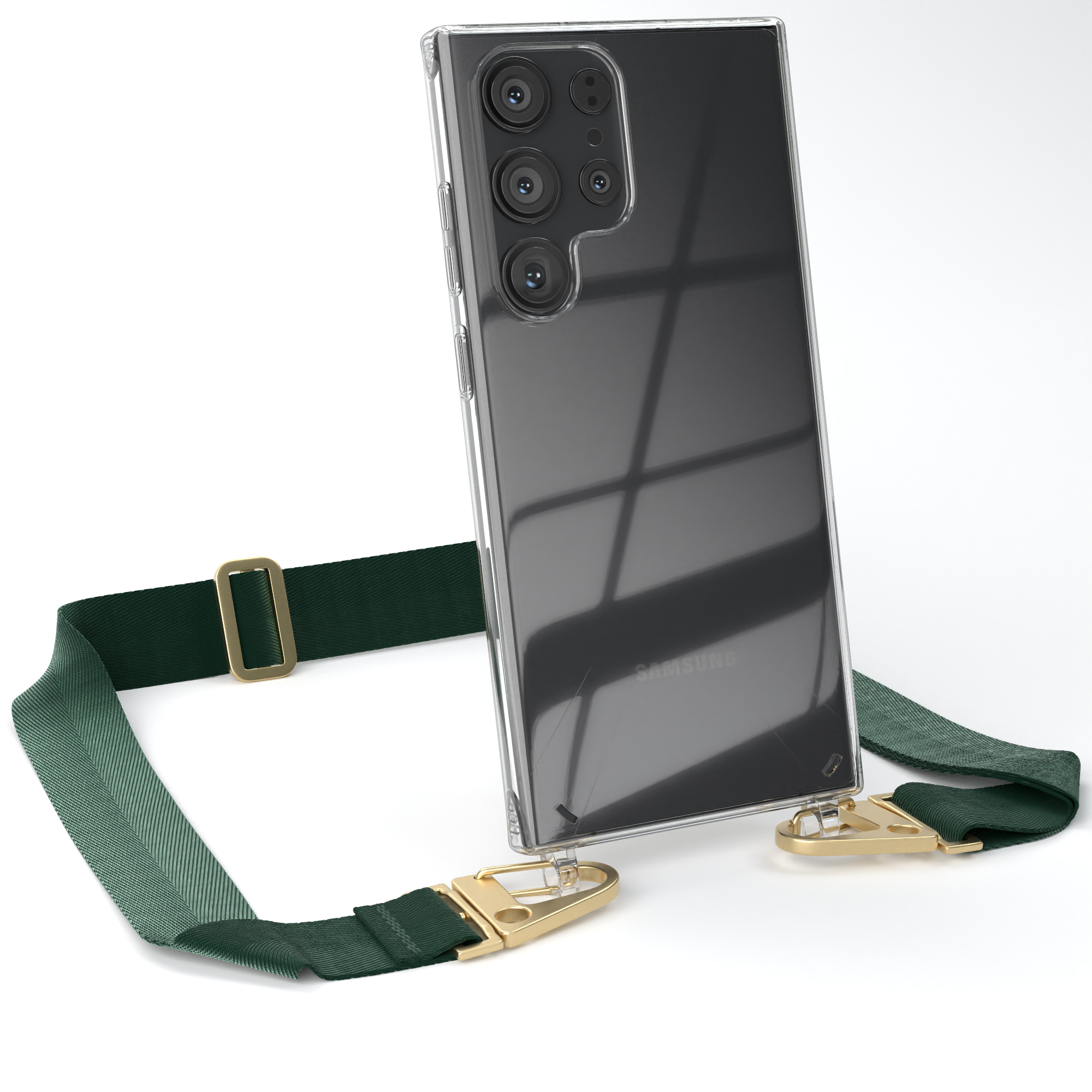 Transparente Handyhülle mit dunkelgrünem Band. Telefon rechts. Goldfarbene Verschlüsse.