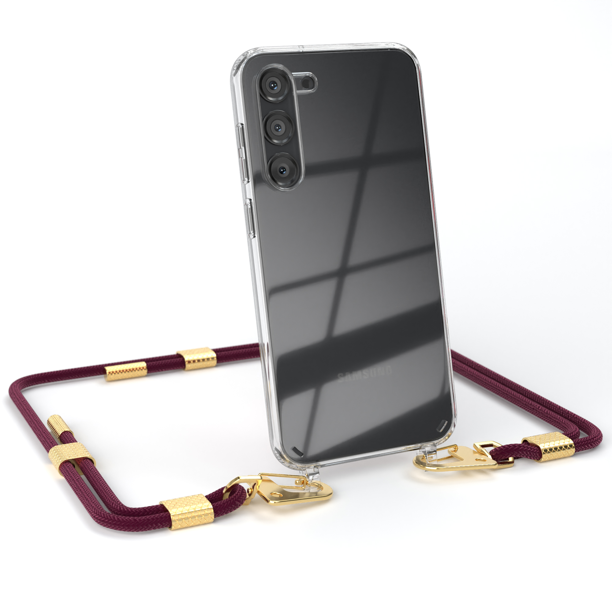 Gold Kordel mit Bordeaux Umhängetasche, S23 Karabiner, Samsung, / runder CASE Galaxy Handyhülle Transparente Plus, + EAZY