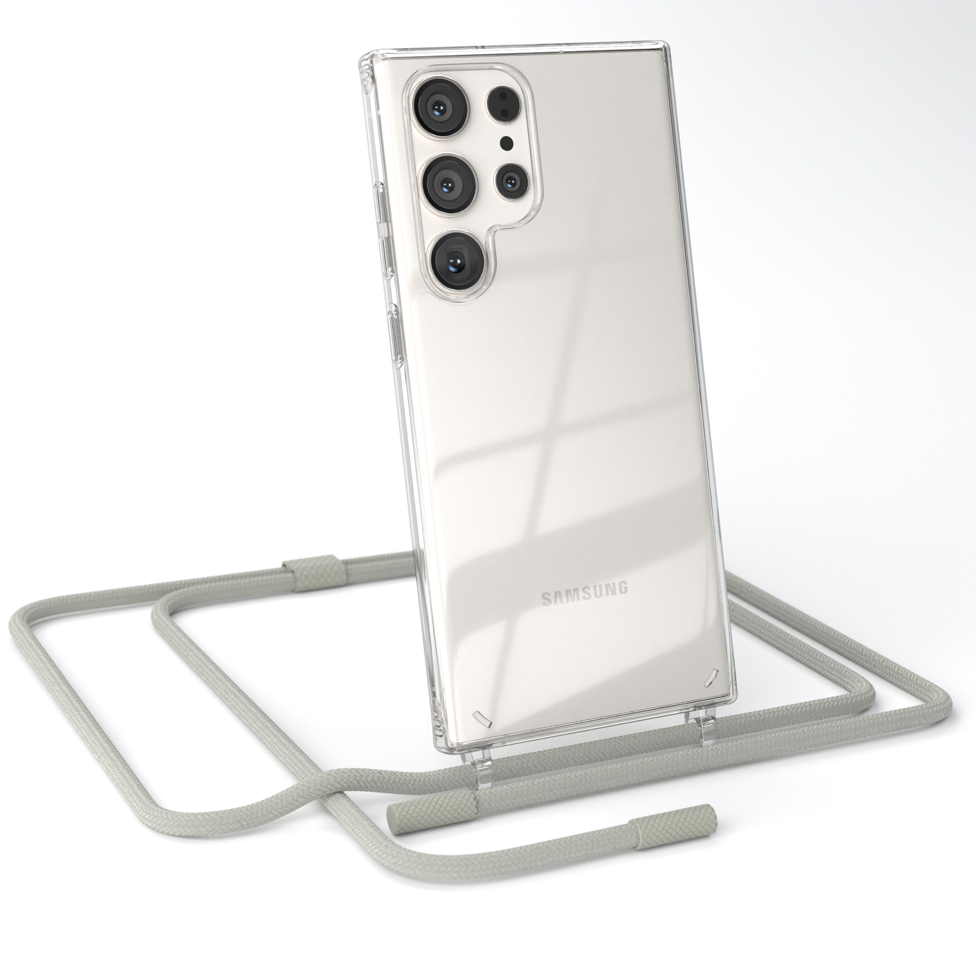 Transparente Handyhülle mit Handy und hellgrauem Riemen. Telefon hat mehrere Kameras.