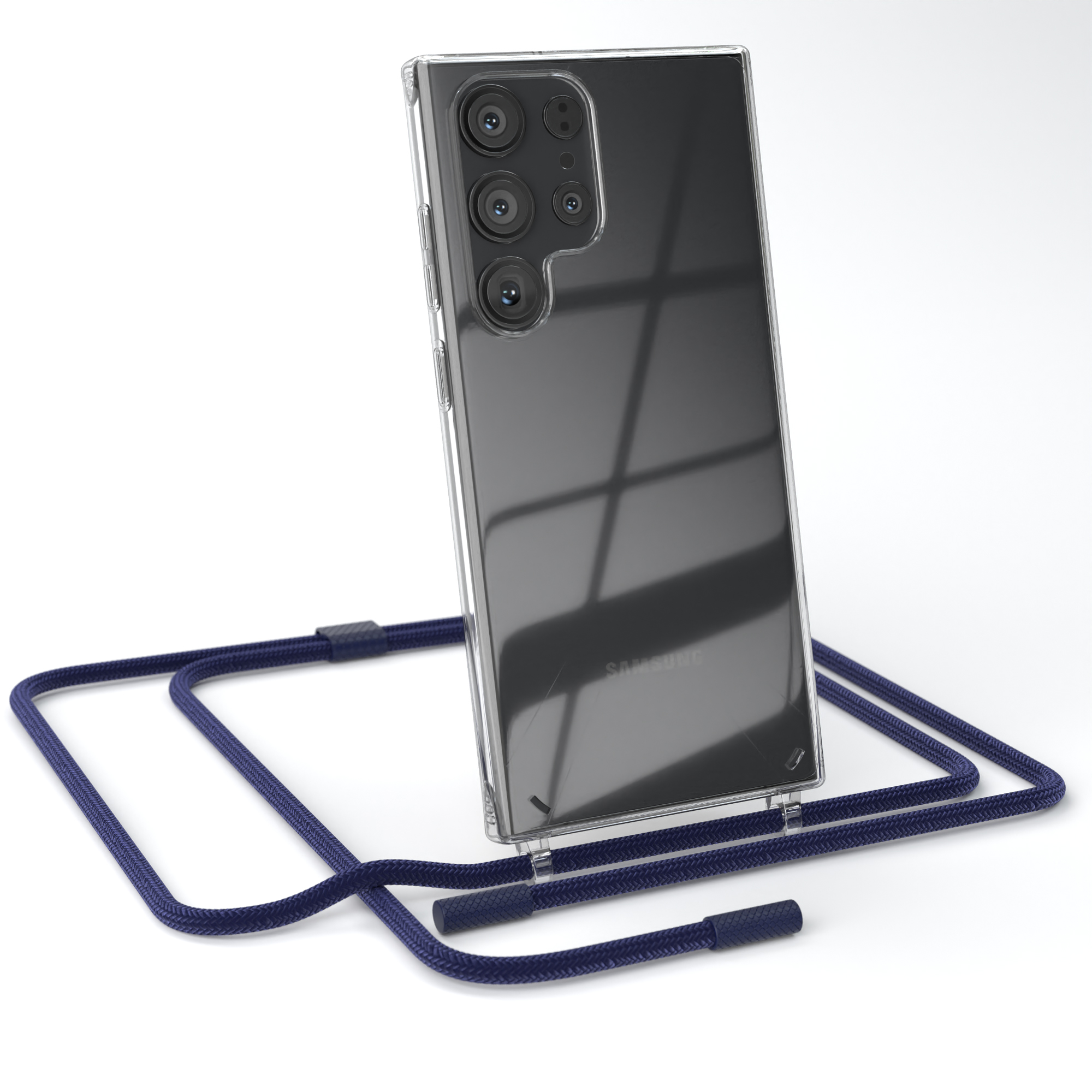 Eine transparente Handyhülle mit blauem Lanyard an einem schwarzen Samsung-Telefon.