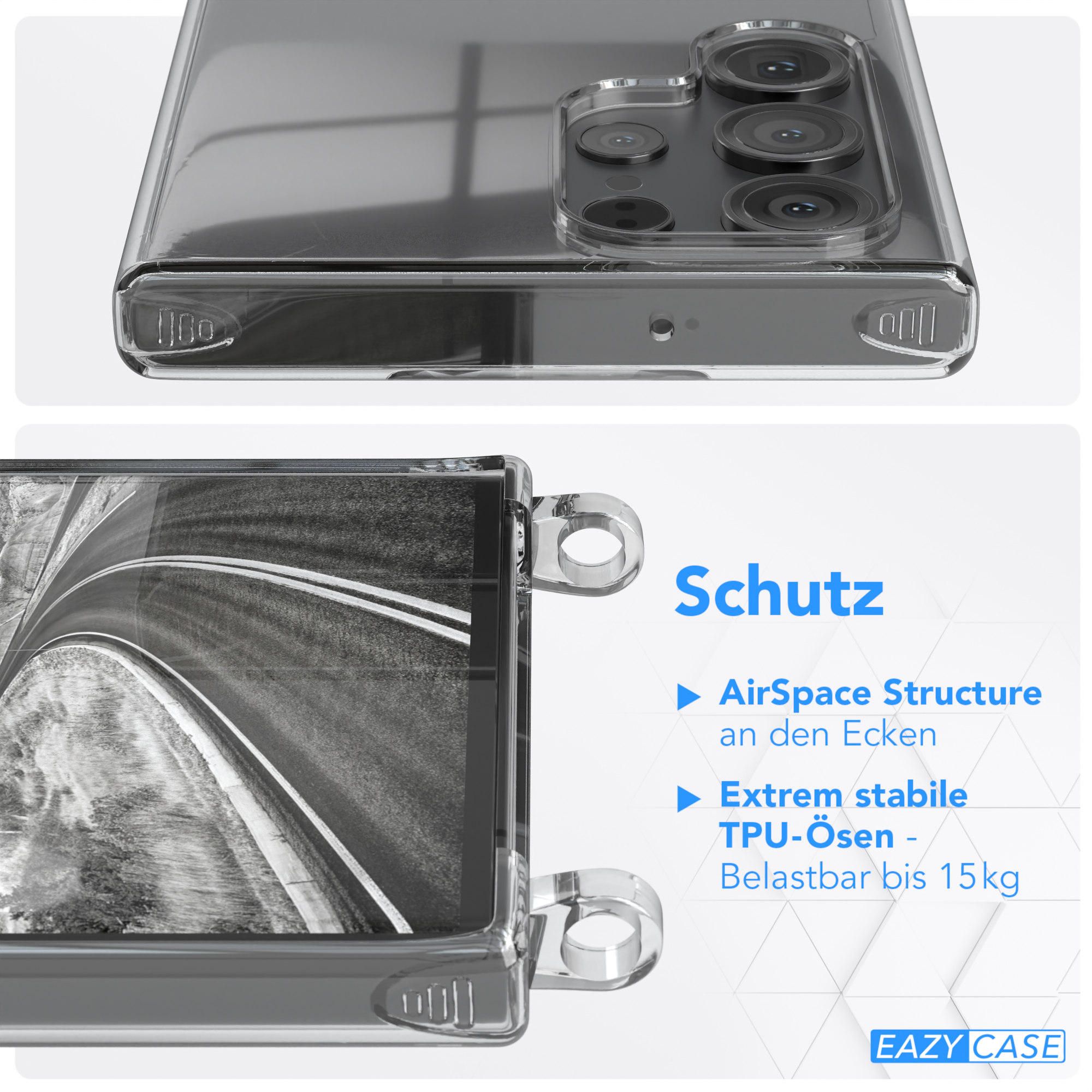 Transparente Handyhülle mit Telefon. Zeigt Schutzfunktionen wie Eck-Luftraum und TPU-Ösen.