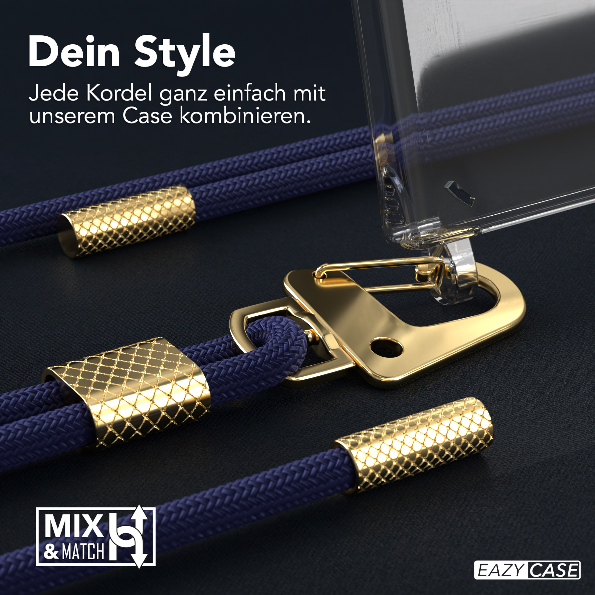 Nahaufnahme einer Handyhülle mit goldenen Akzenten, die eine blaue Kordel zeigt.
