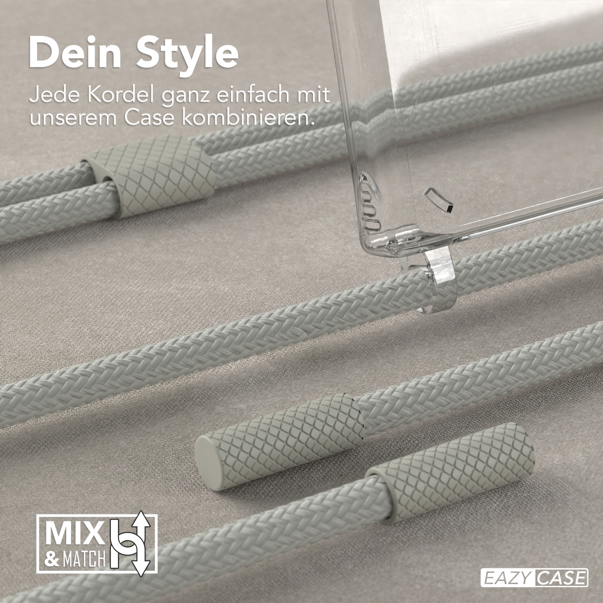 Nahaufnahme von grauen Kordeln und einer durchsichtigen Handyhülle. Text 'Mix & Match'.