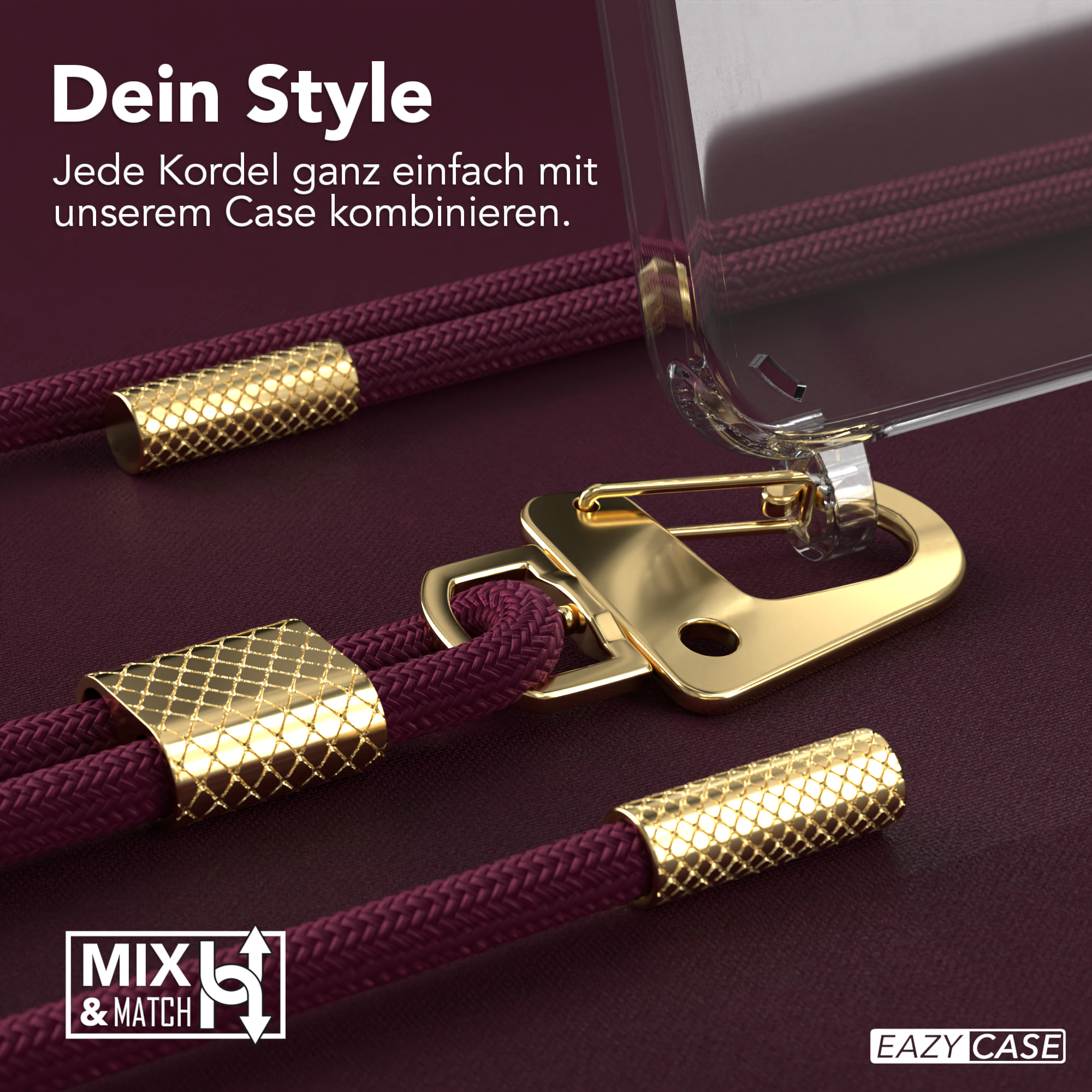Nahaufnahme einer Handyhülle mit goldenen Akzenten und burgunderfarbenem Kordel. Text: Mix and Match.