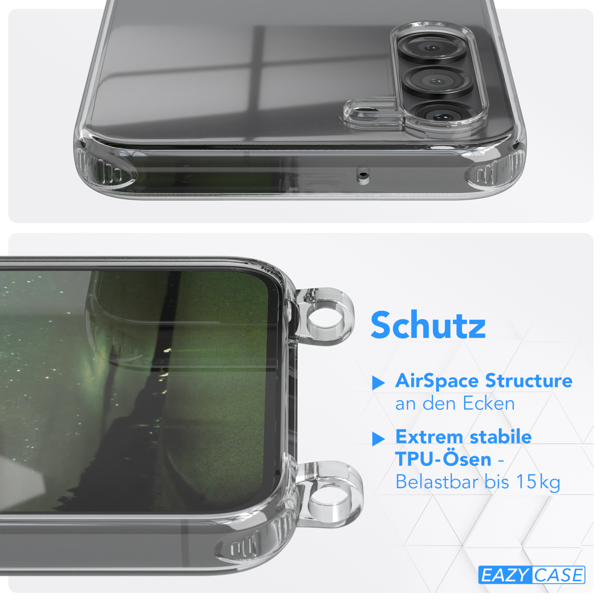 Nahaufnahme einer transparenten Handyhülle mit Details.