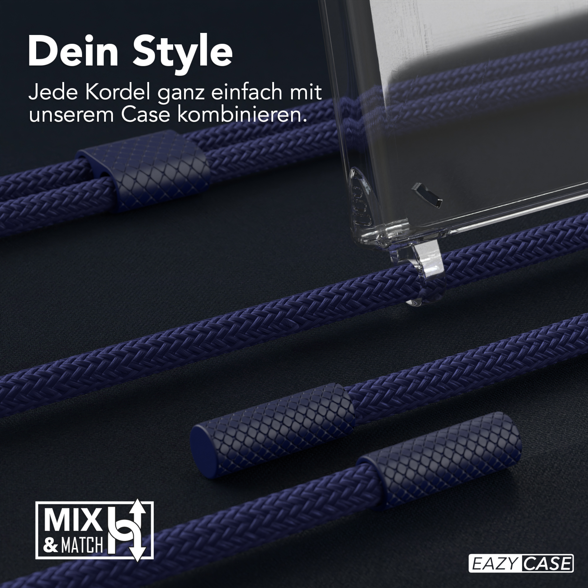 Nahaufnahme von marineblauen geflochtenen Kordeln und Gehäusedetails. Text auf Deutsch.
