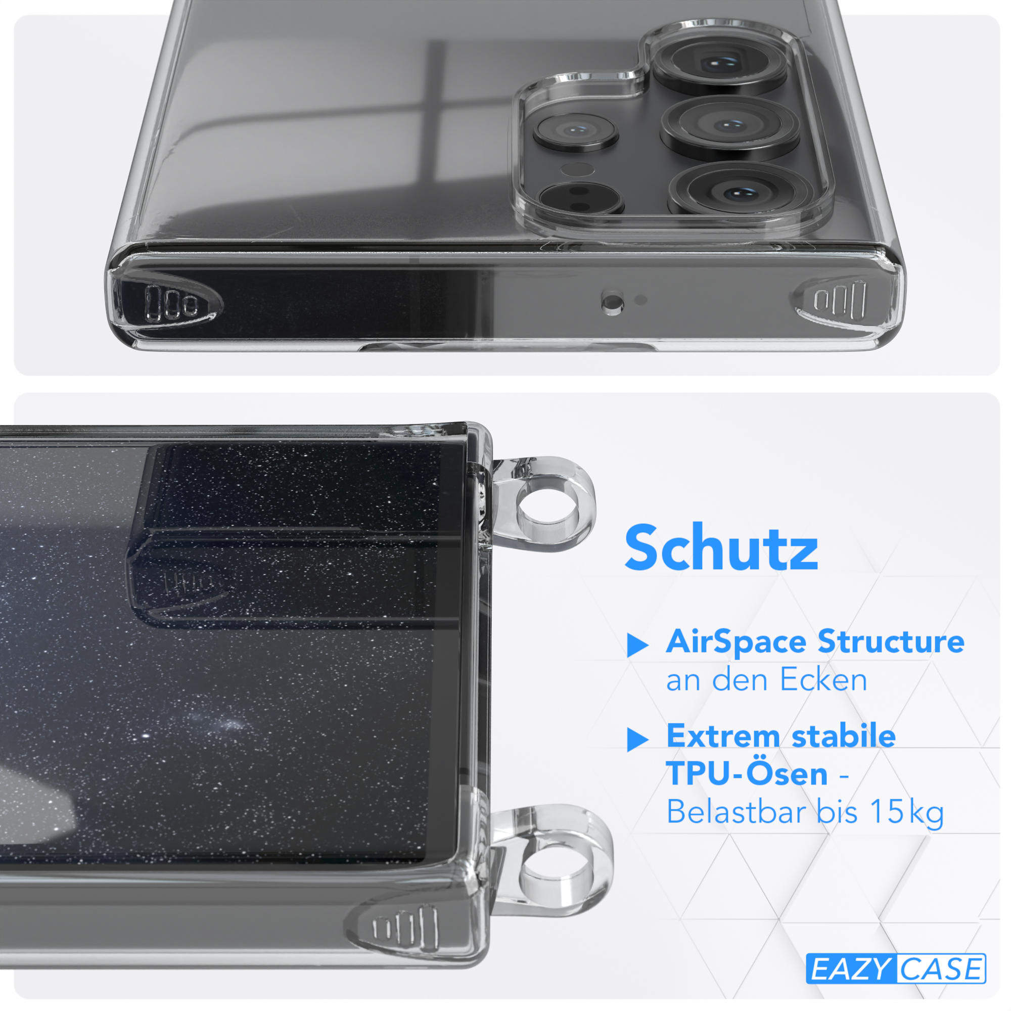 Nahaufnahme einer Handyhülle mit Telefon. Text: Schutz: AirSpace Structure, TPU-Ösen.