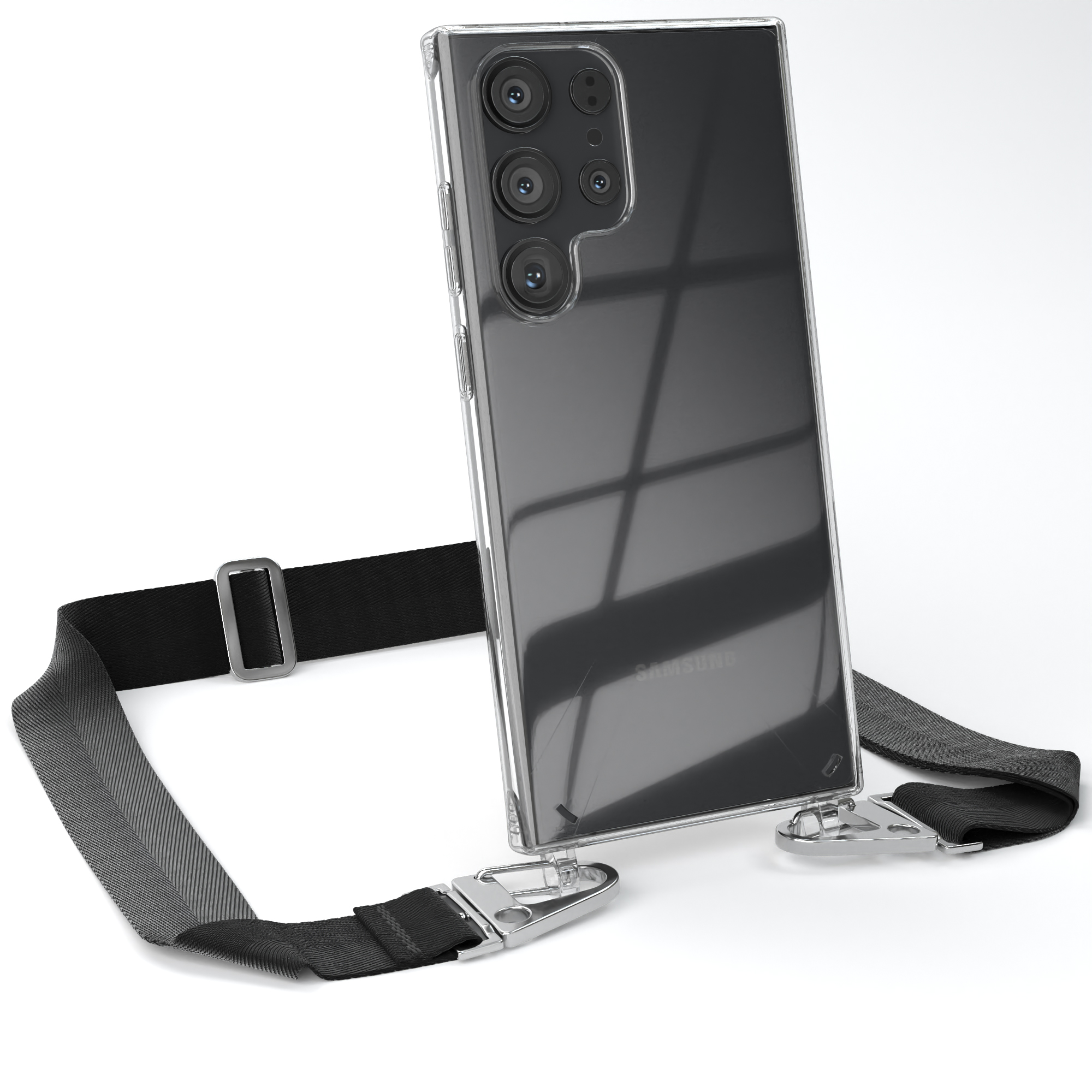 Transparente Handyhülle mit schwarzem Riemen und silbernen Clips. Das Telefon ist sichtbar.