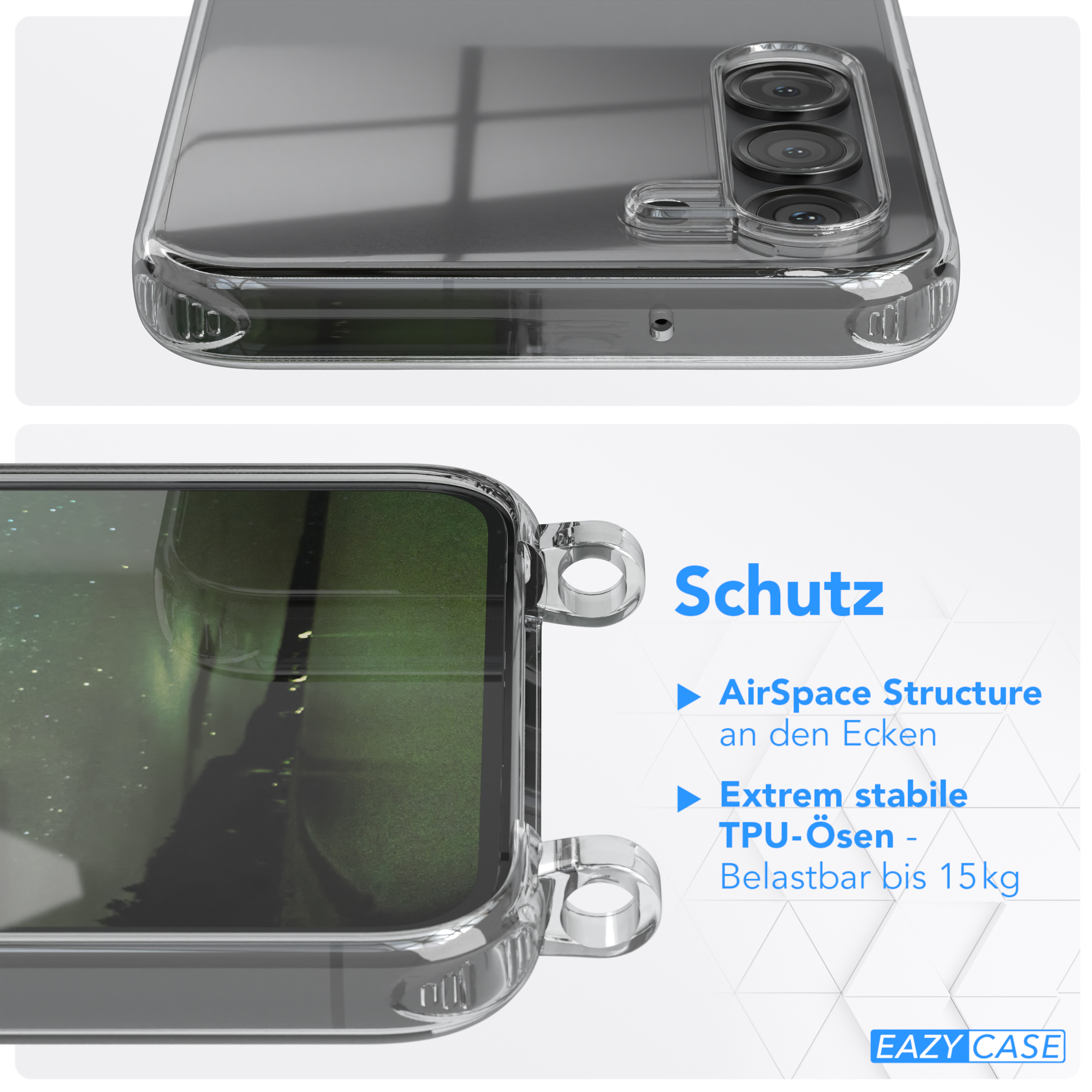 Transparente Handyhülle, Draufsicht. Zeigt Kamera und Text. Weißer Hintergrund.
