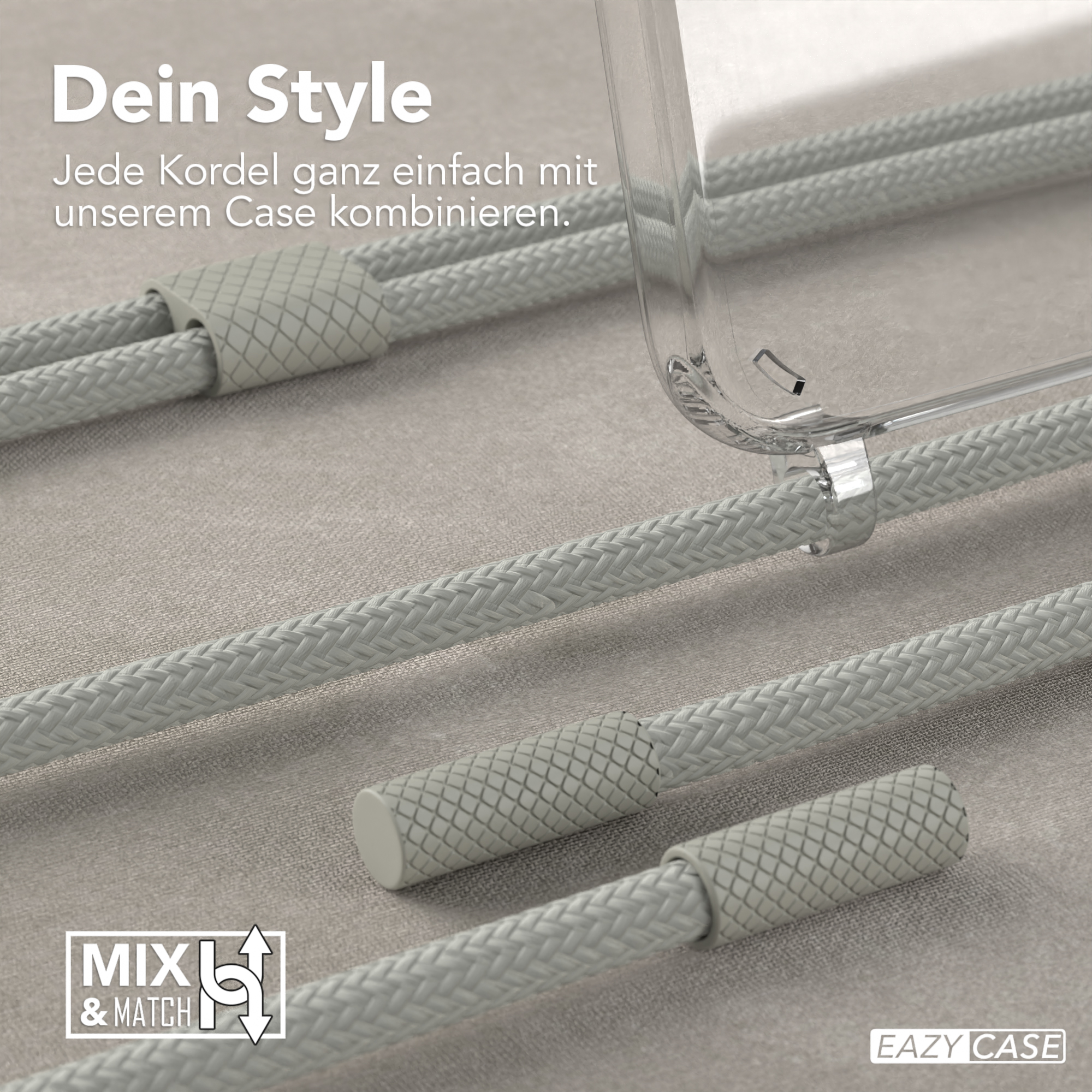 Graue geflochtene Kordeln und eine transparente Handyhülle. Der Text lautet Mix & Match.