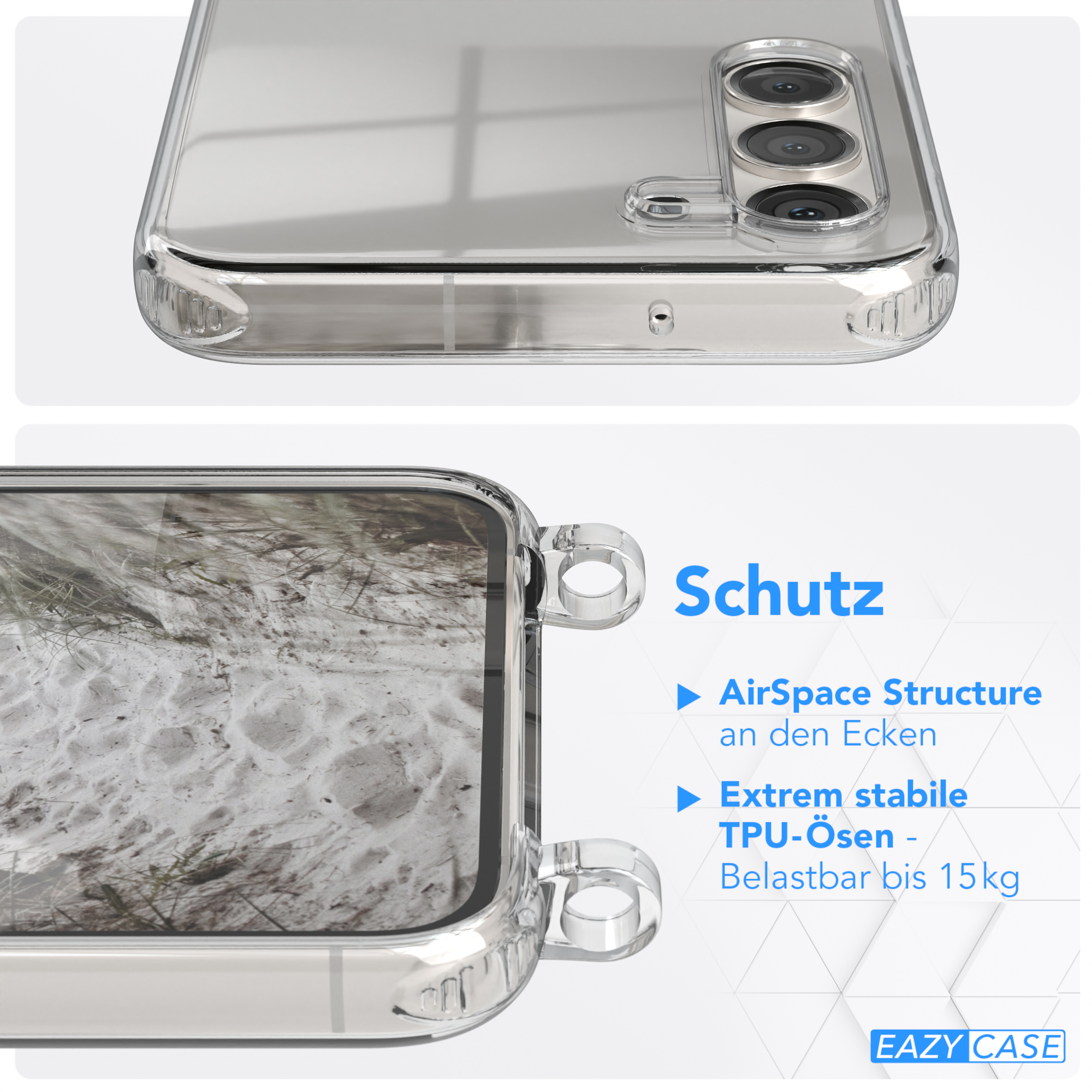 EAZY CASE Transparente Handyhülle Umhängetasche, Samsung, Taupe unifarbend, S23 Plus, runder / Beige Galaxy mit Kette Grau
